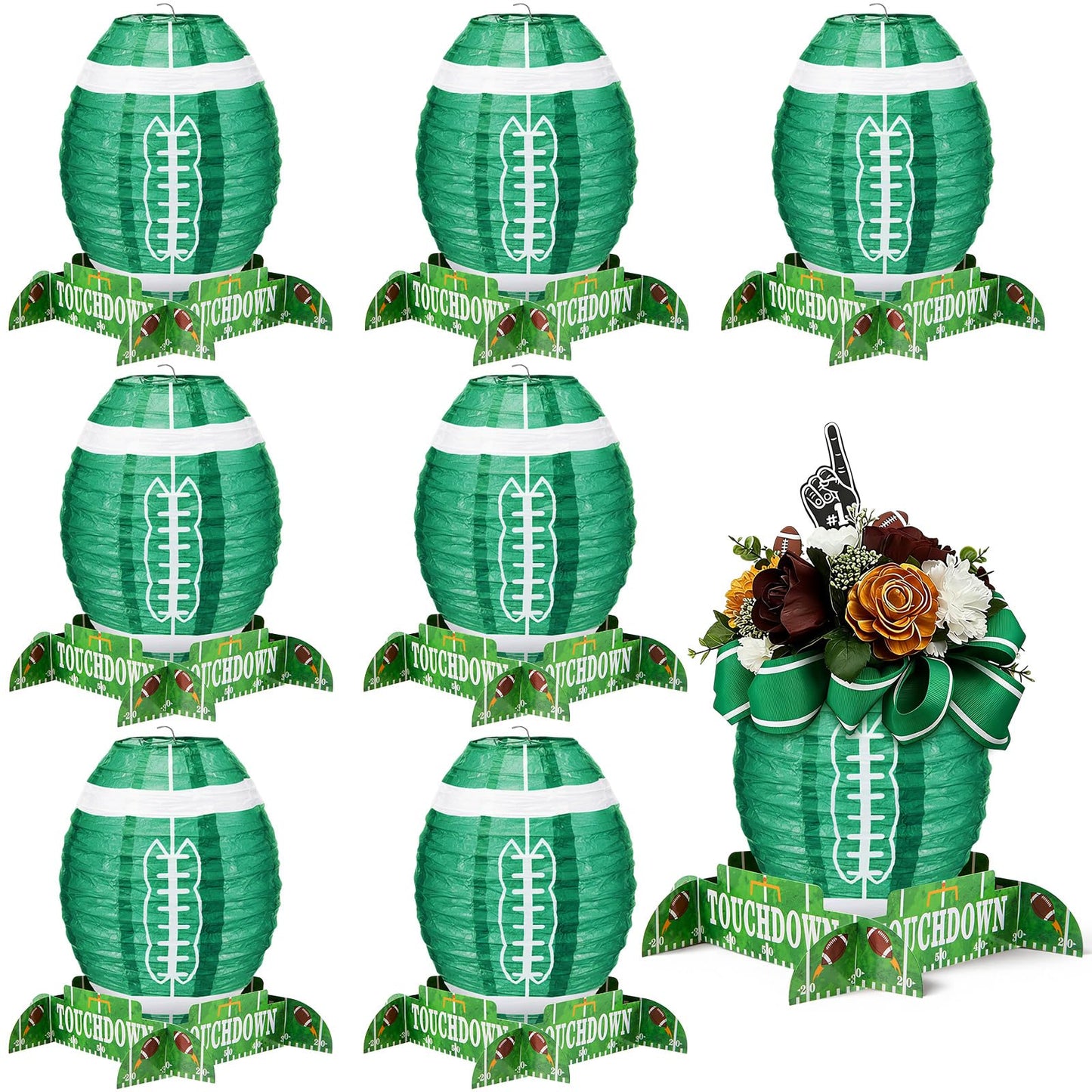 Mudder 8 Pcs Football Paper Lantern Sports Fan Party Decor Table Centerpiece Set Football Game Lantern with Stand Pieces for Game Day Tailgates