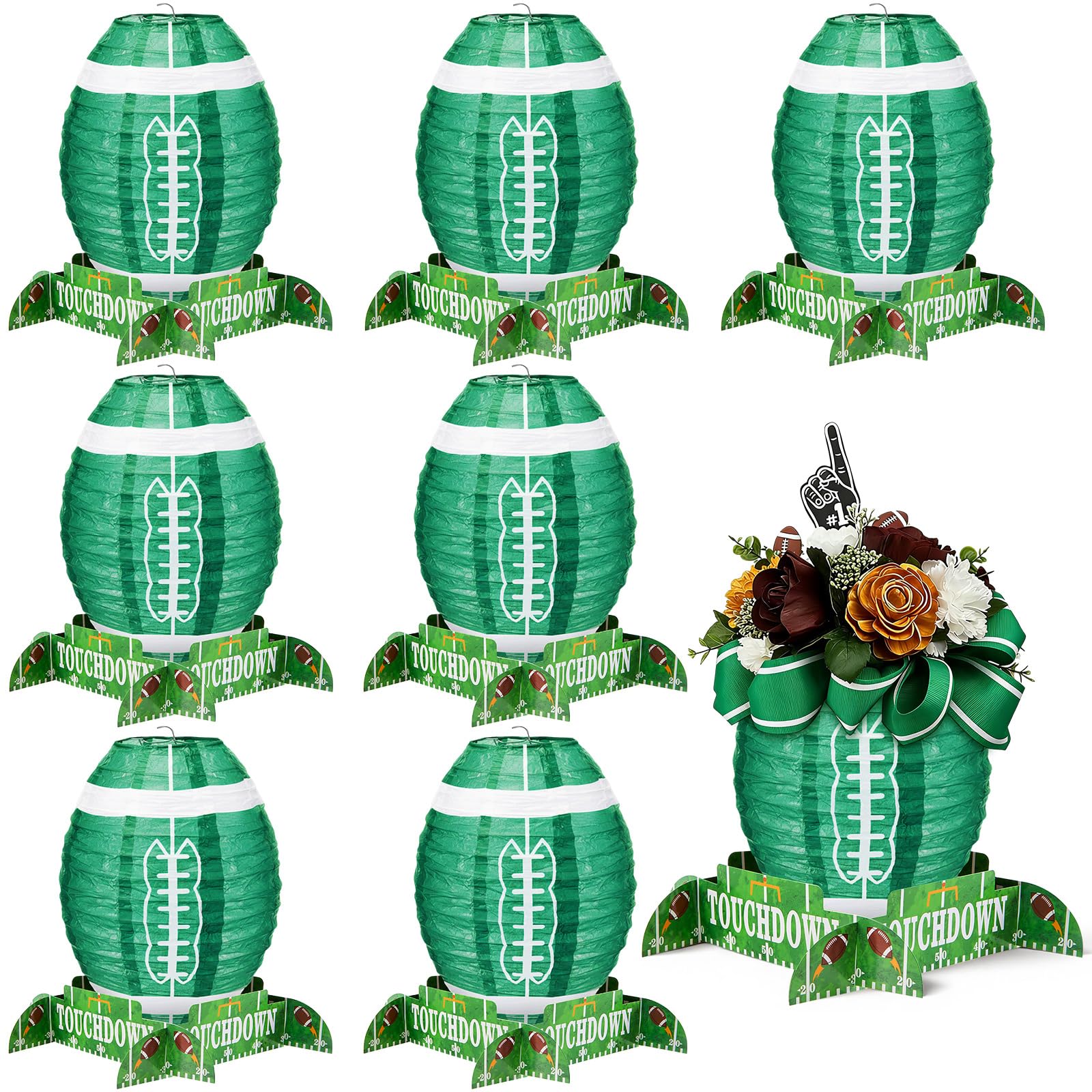 Mudder 8 Pcs Football Paper Lantern Sports Fan Party Decor Table Centerpiece Set Football Game Lantern with Stand Pieces for Game Day Tailgates