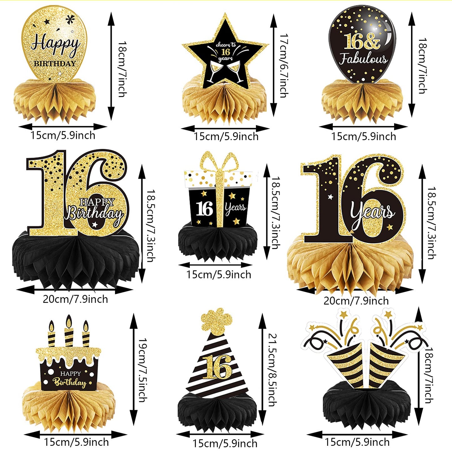 9 Pieces 16th Birthday Decoration for Boys Black Gold 16th Birthday Tables Decor Honeycomb Centerpieces Cheers to 16 Years Table Topper for Boys Girls