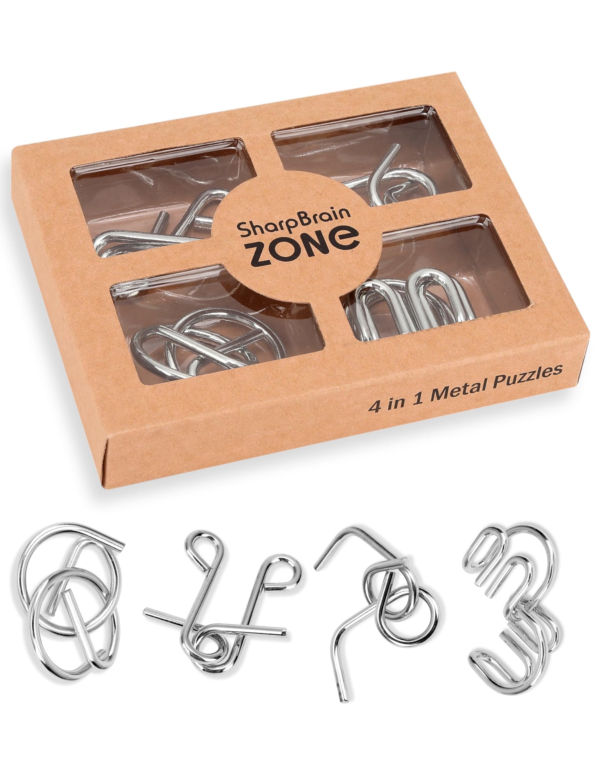 4-in-1 Classic Metal Puzzle Set by Sharp Brain Zone - Durable Brainteasers, Mechanical Logic Games, Brain Training Challenges, Travel Puzzles & Smart