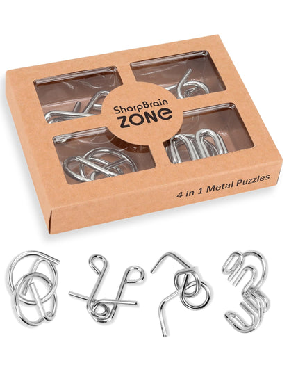 4-in-1 Classic Metal Puzzle Set by Sharp Brain Zone - Durable Brainteasers, Mechanical Logic Games, Brain Training Challenges, Travel Puzzles & Smart