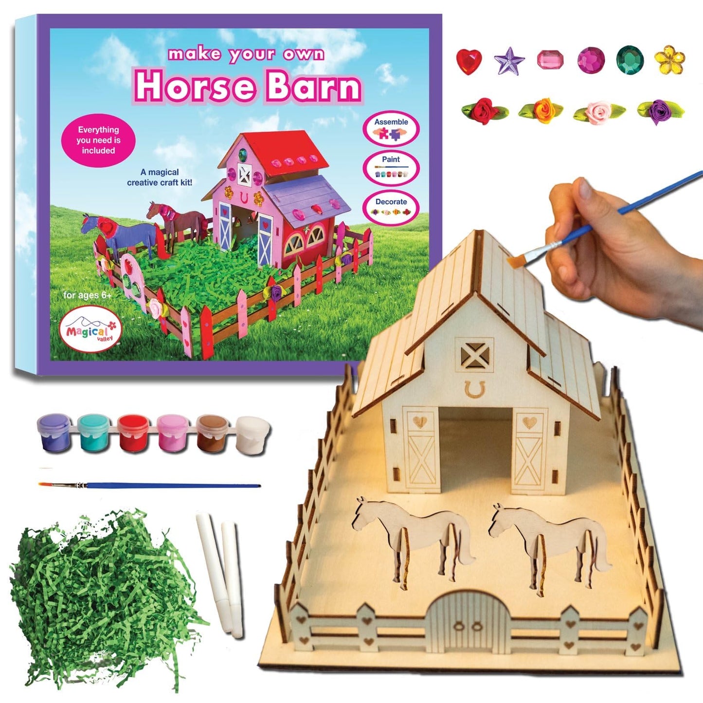 Magical Valley Horse Barn Craft Kit for Kids, DIY Wooden Barn Building Kit, Arts & Crafts for Kids, Horse Toys for Girls & Boys, Creative Activity