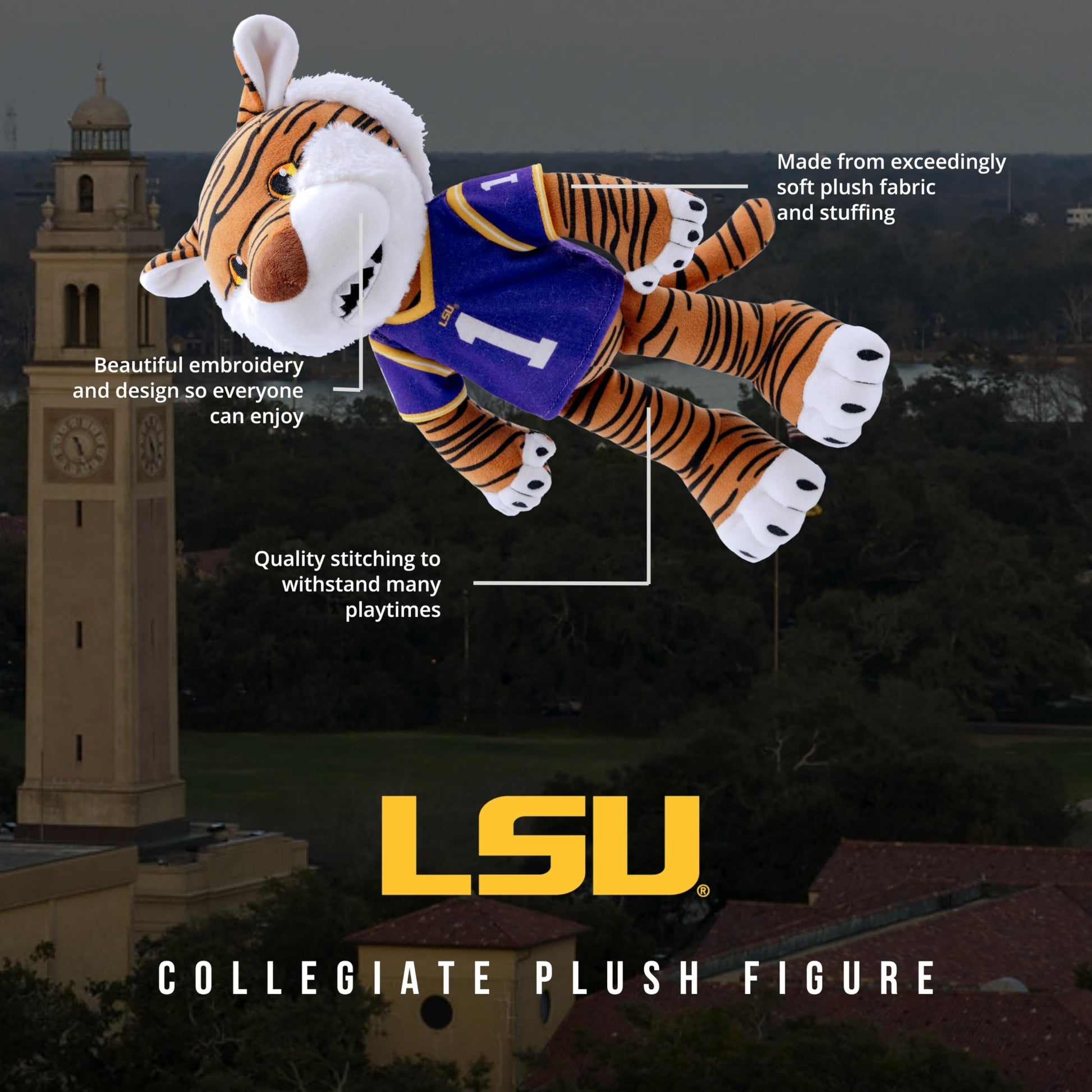 Plushible 14" LSU Mike The Tiger Mascot Plush Figure Toy - College Football Plush Doll, Soft Stuffed Toy for Kids & Adults, Surface Washable Ragdoll