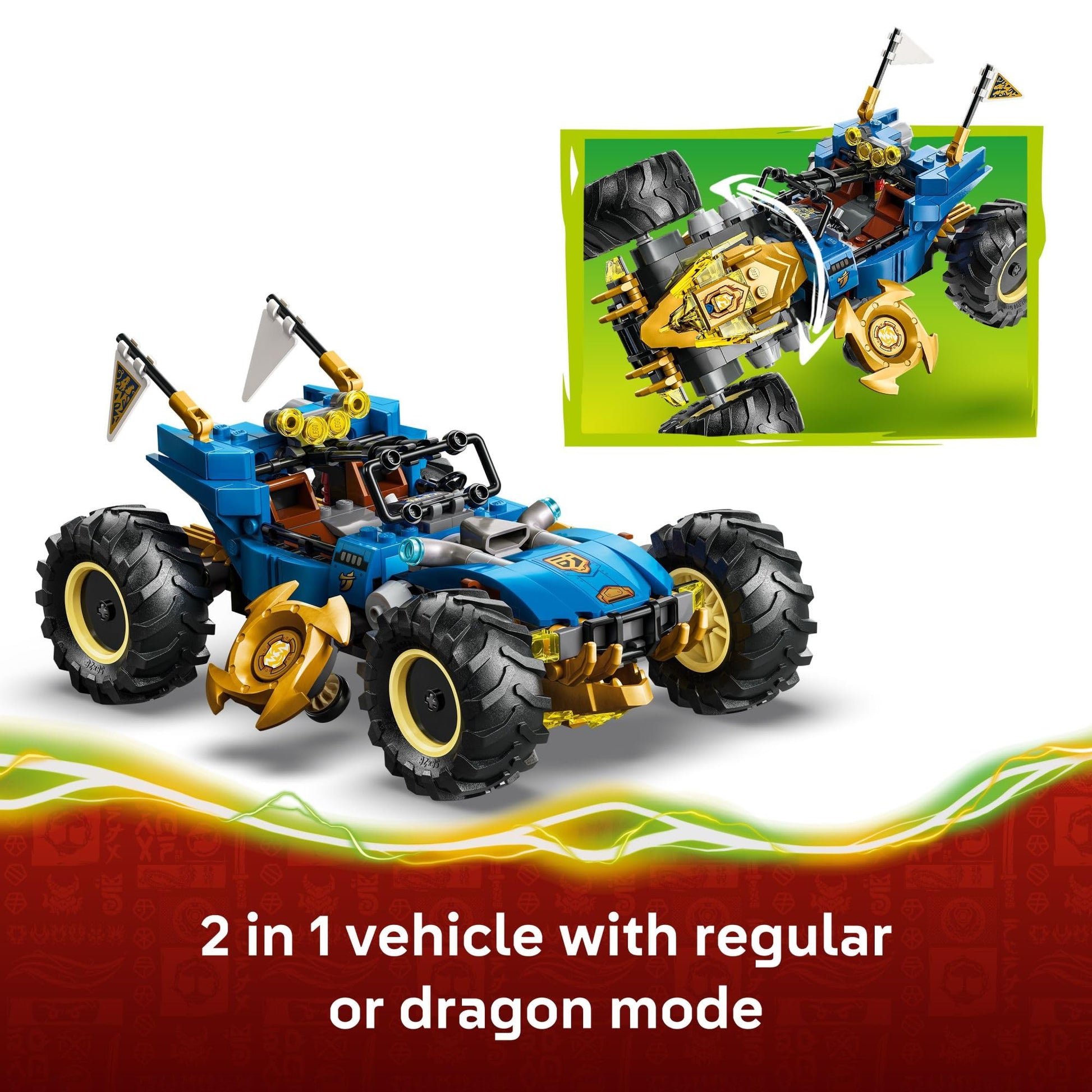 LEGO NINJAGO Jay’s Transforming Car Building Toy for Boys & Girls - Toy Car W/2 Play Modes for Kids, Ages 8+ - W/Jay, NYA, Dragon Form Kai, & 2 More