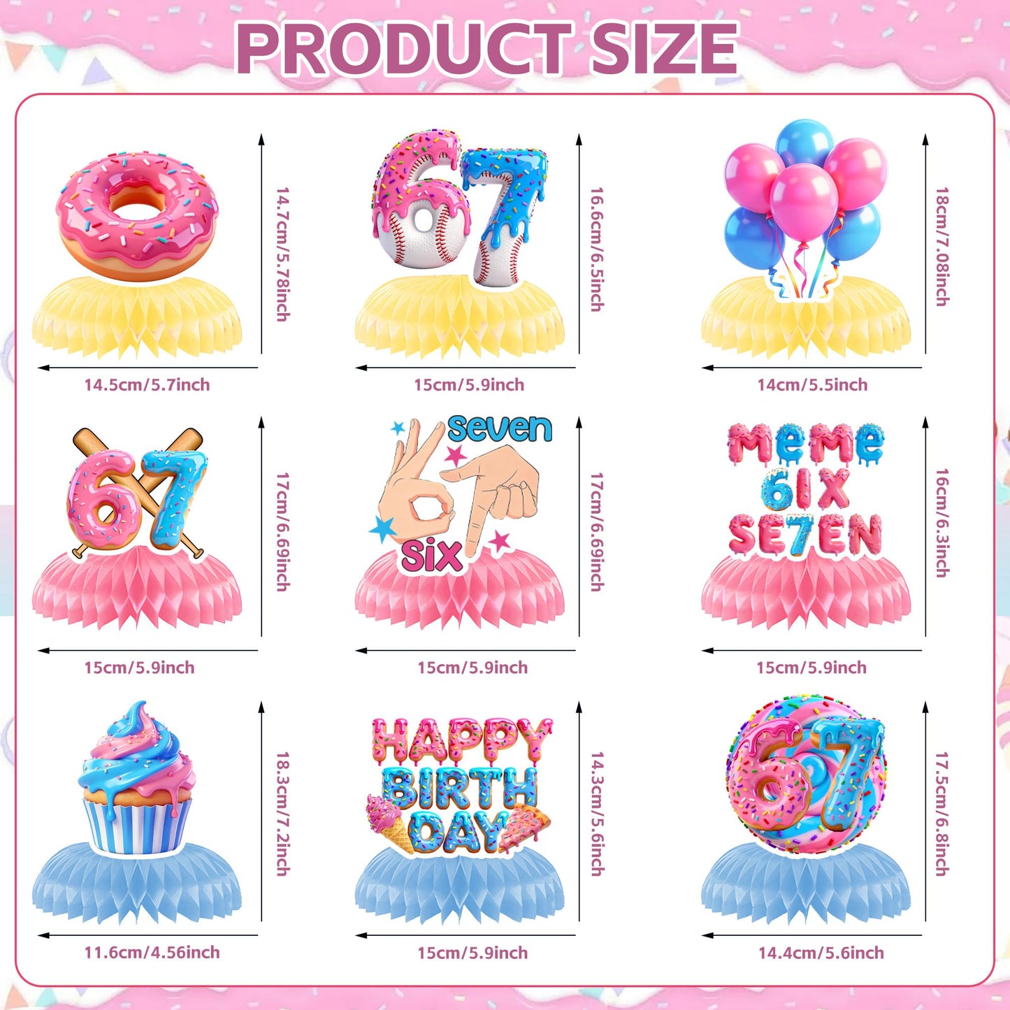 9Pcs 67 Honeycomb Table Centerpieces - 6 7 Meme Themed Birthday Decorations Set, Viral Party Decoration Supplies