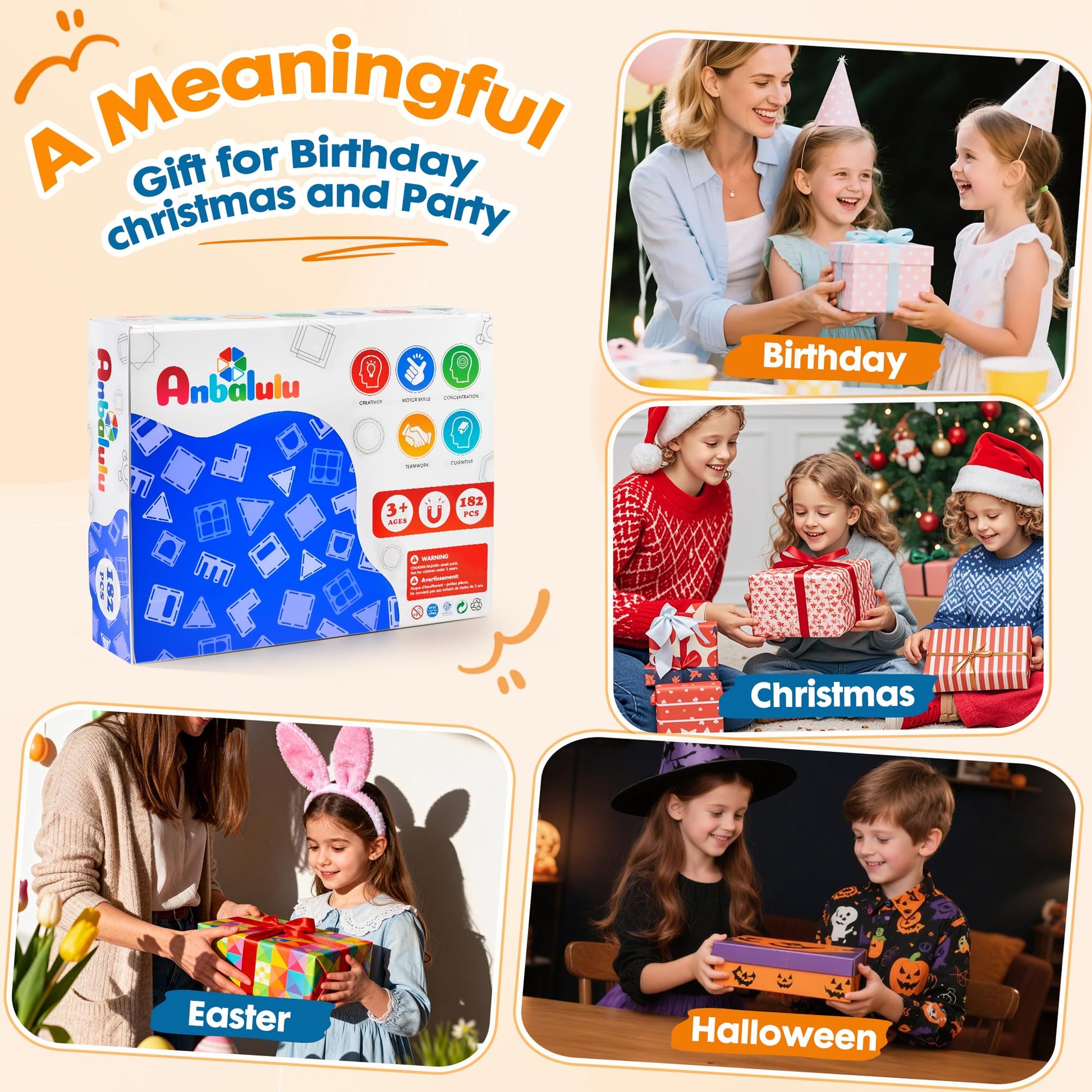 Anbalulu 182PCS Magnetic Tiles, Large Castle Building Blocks for Kids