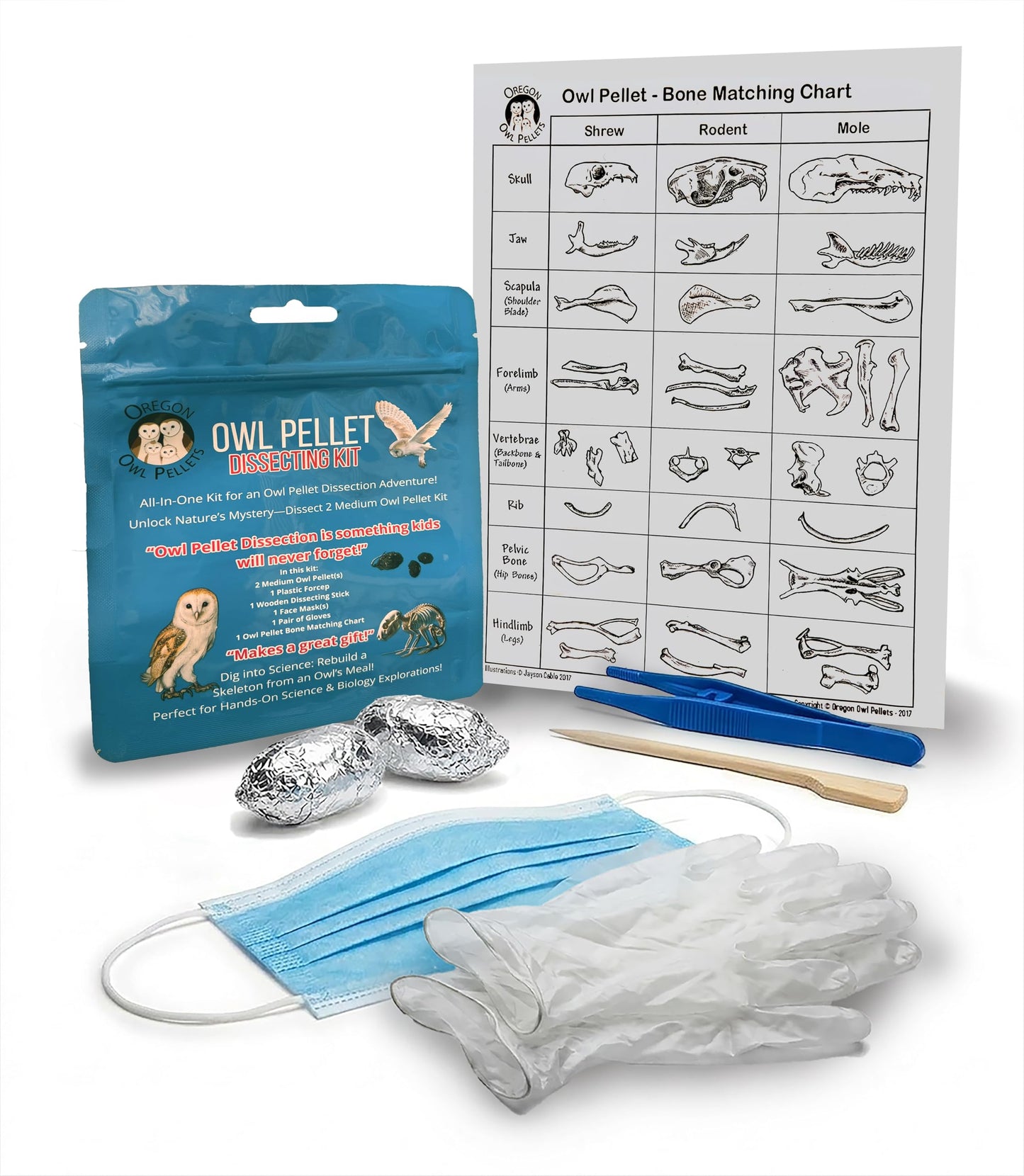Premium Barn Owl Pellets Individual Dissection Kit - Complete Kit: 2 Medium Pellets (1.5 to 2Inch), STEM Compliant, Aluminum Foil Wrapped