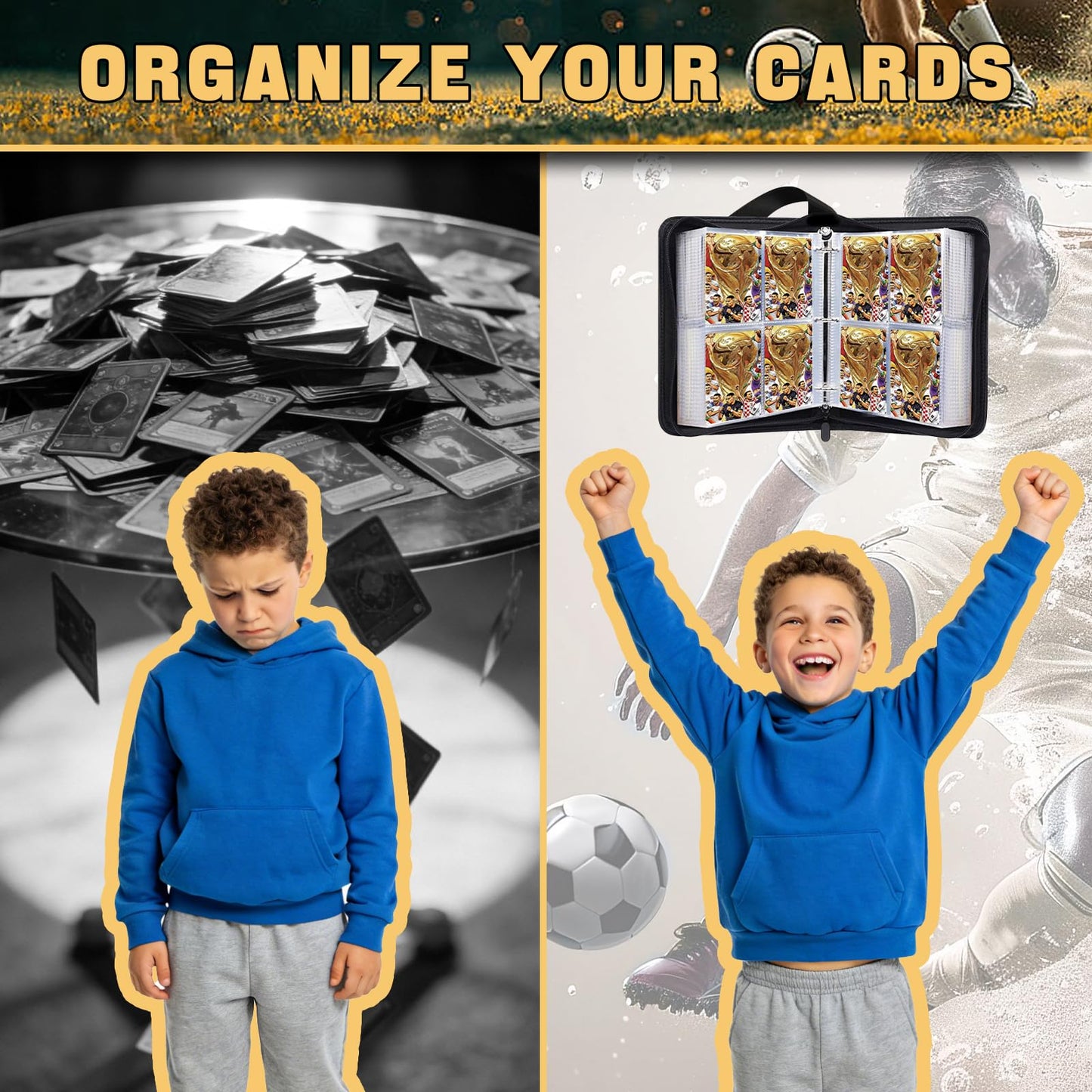 Soccer Card Binder 4 Pocket,Trading Card Binder Fits 440 Cards with 55 Removable Sleeves,Binder Collection Booklet with Zipper, PU Portable Card