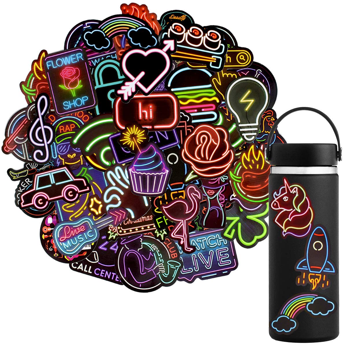 QTL Neon Stickers for Teens & Students Prizes, Waterproof Vinyl Party Favor Stickers, School Rewards, Water Bottle and Laptop, 50PCS