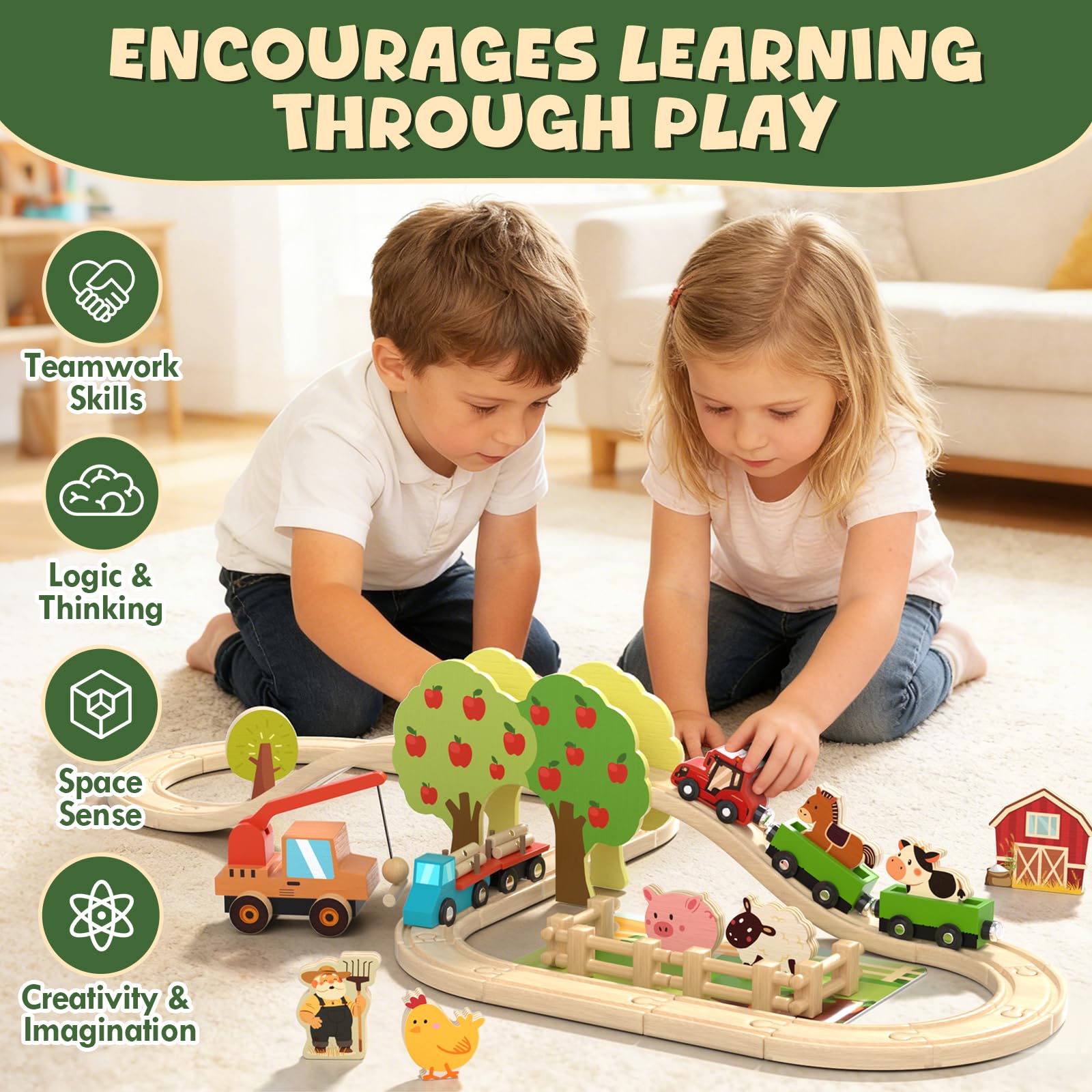 Lehoo Castle Wooden Train Set for Toddlers 2-4 - Wooden Train Track Set for Kids, Farm Animal Train Toys for 3 4 5 6 Year Old Boy Girl Birthday Gifts