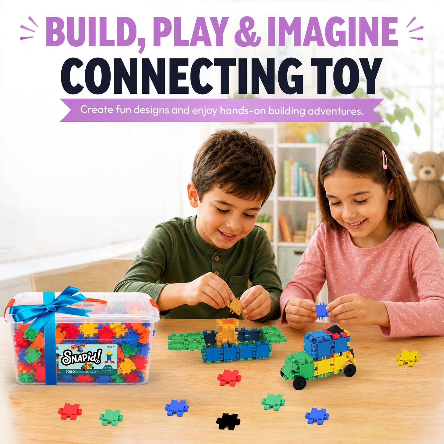 Snapid Building Bricks 1000 Pcs Connecting Toy - Strong Durable Colorful Block Set w Storage, Interlinking Construction Blocks for Kids - STEM