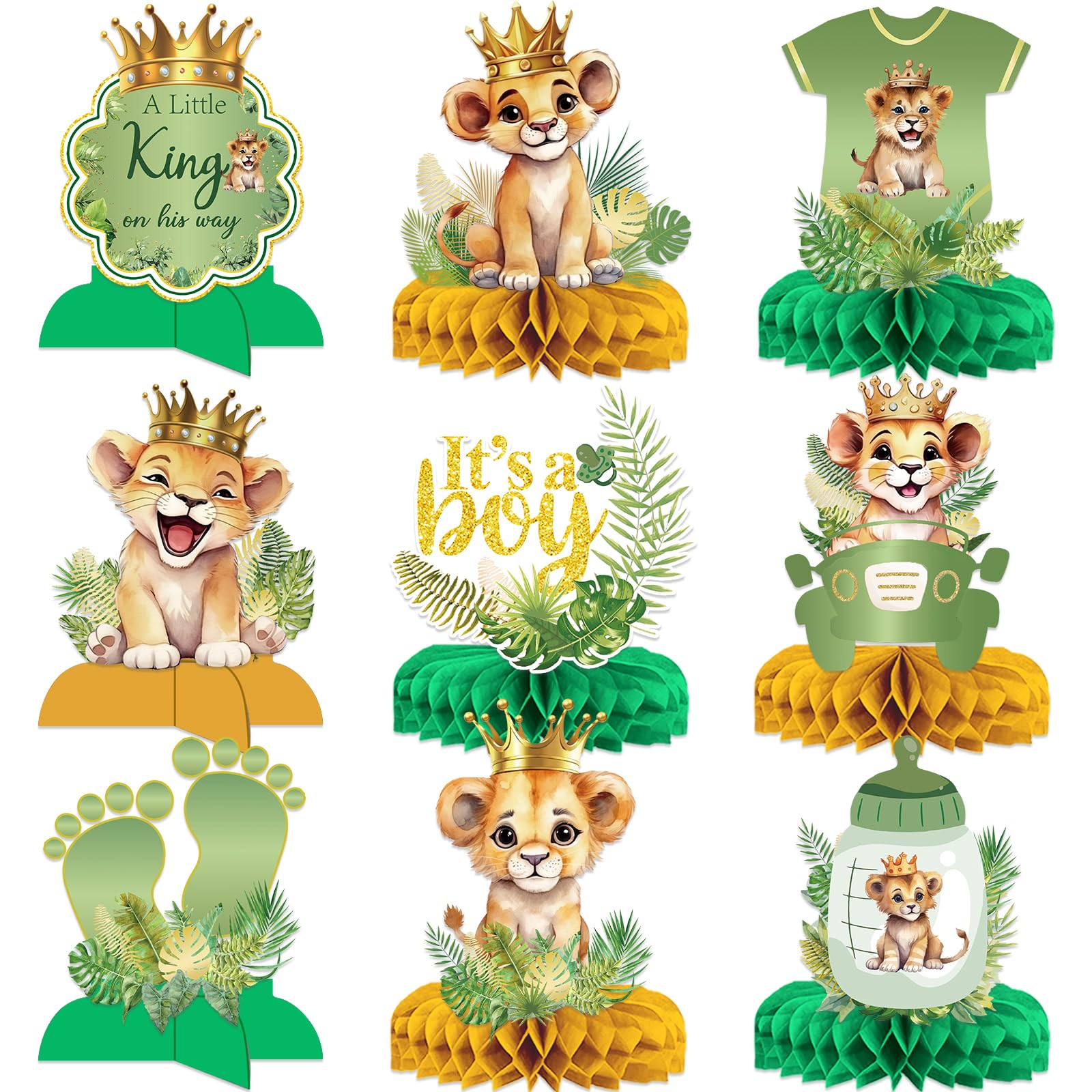 9 Pcs Lion Baby Shower Decorations - A Little King Is On His Way Baby Shower Safari Centerpieces for Tables Lion Gender Reveal Decorations