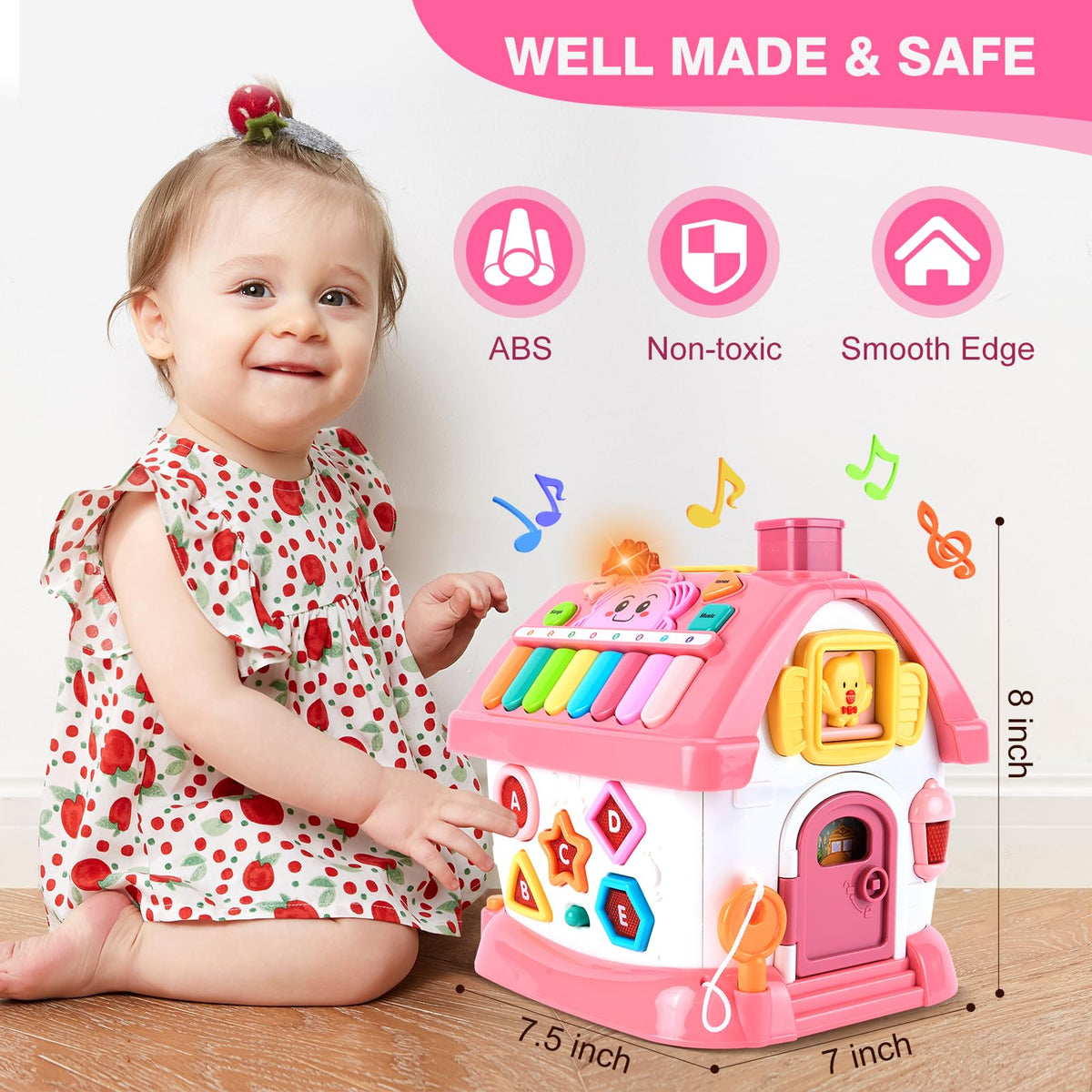 Toddler Girl Toys for 1 Year Old, Montessori Toys for 1 Year Old Girl Birthday Gift, 8 In 1 Pink Baby Musical Learning House with Sound Light Music