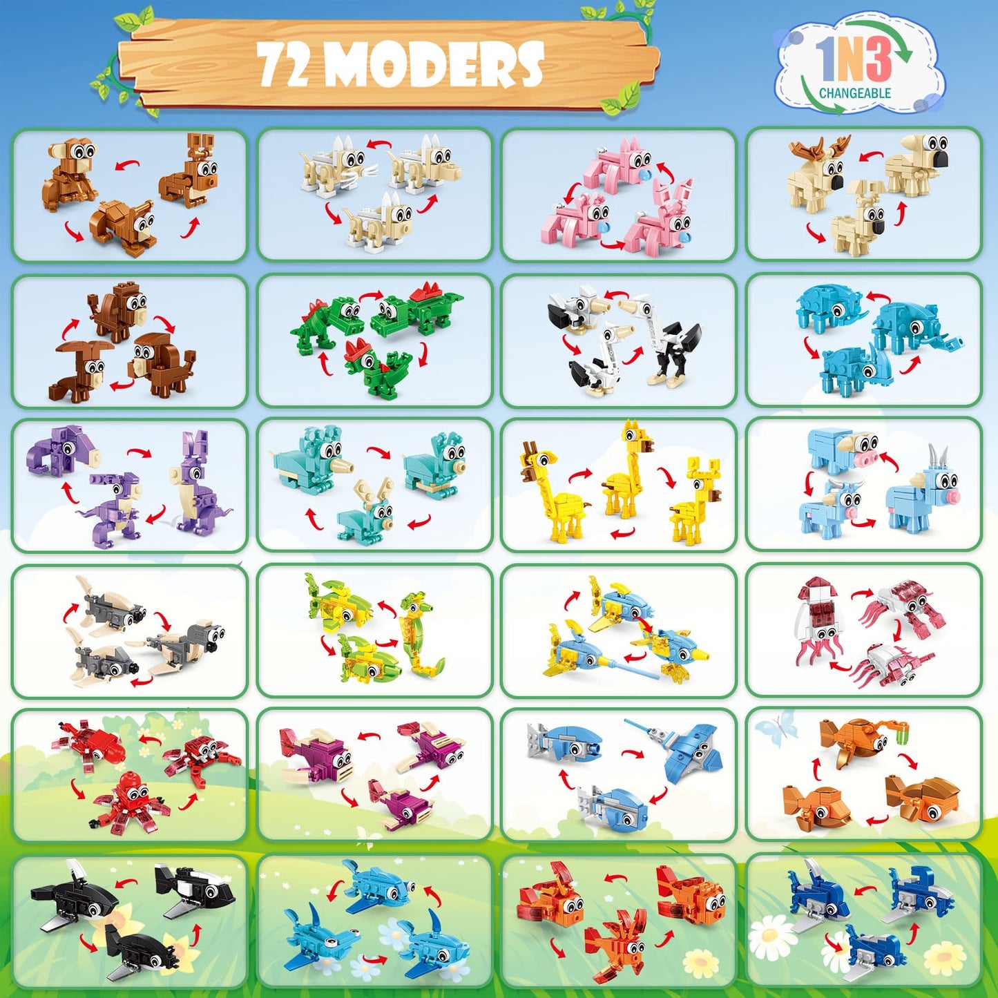 24 Packs Animals Building Sets for Kids,3 in 1, 72 Kinds of Transformable Building Block Toy,Compatible with Lego Party Favors,Classroom Student