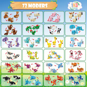 24 Packs Animals Building Sets for Kids,3 in 1, 72 Kinds of Transformable Building Block Toy,Compatible with Lego Party Favors,Classroom Student