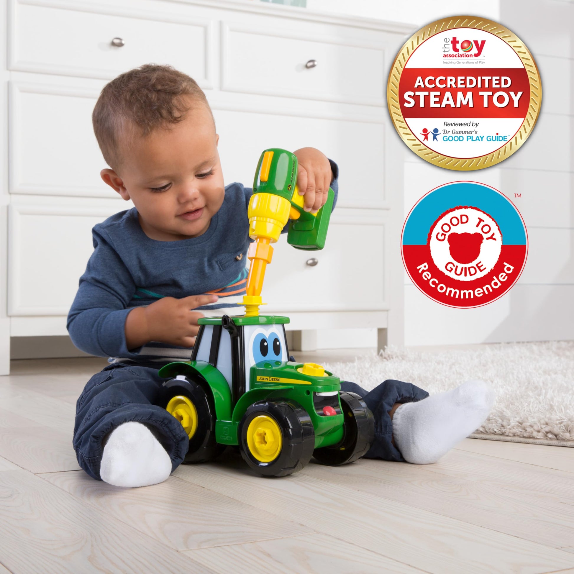BUILD-A-BUDDY John Deere Tractor Toy and Toy Drill - Toddler STEM Take Apart Toys with 16 Individual Pieces and Kids Tools - Kids Building Toys Ages 3