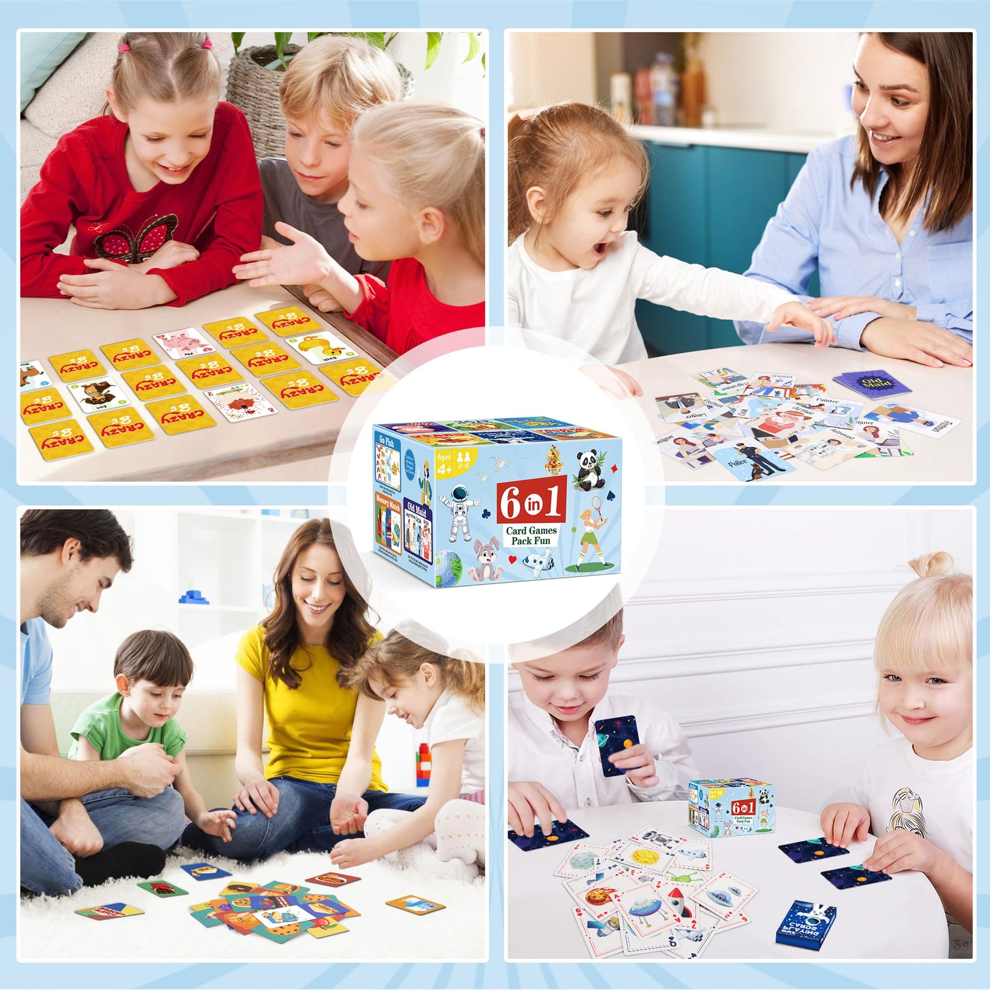 Card Games,6 Decks,Go Fish,Old Maid,Crazy 8s,Memory Match,Slap Jack,Space Playing Cards,Fun Game Cards for Kids Toddlers and Adults,Family Party Table