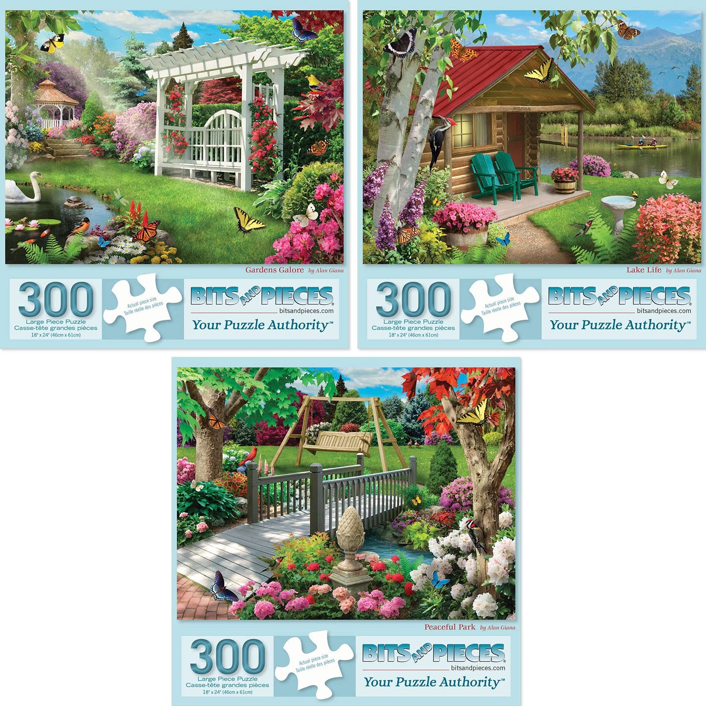 Bits and Pieces - Value Set of Three 300 Piece Jigsaw Puzzles for Adults - Gardens Galore, Lake Life, Peaceful Park Jigsaw Puzzles by Artist Alan