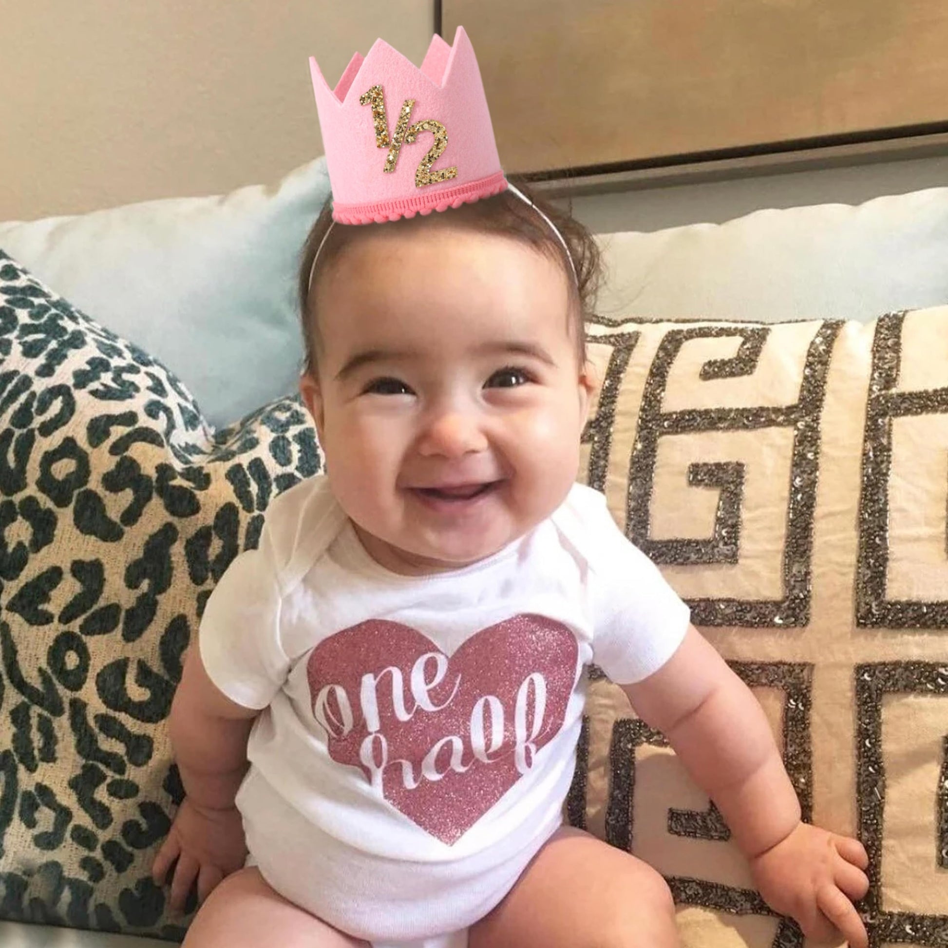 SYESQL Half Birthday Crown - 1/2 Birthday Hat for Baby Girls/Boys (Gold Pink)