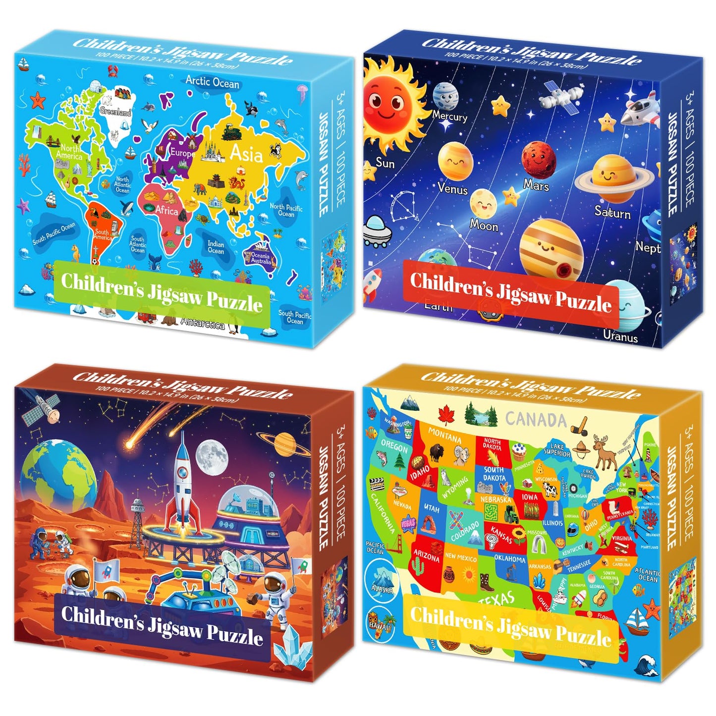 4 Packs 100 Piece Puzzles for Kids Ages 4-6 6-8 8-10, USA World Map Kids Puzzles Ages 3-5 4-6 5-8, Solar System Mars Adventure 100 Piece Puzzle