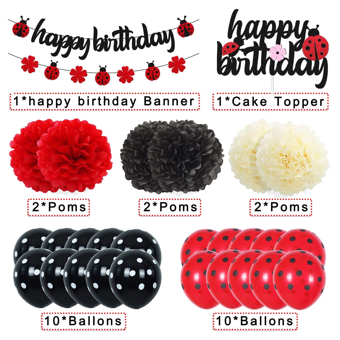 Ohiviaaa Ladybug Birthday Decorations Ladybird Happy Birthday Banner Ladybeetle Cake Topper Black Red Latex Balloon Pom Pom Flowers for Ladybug Theme