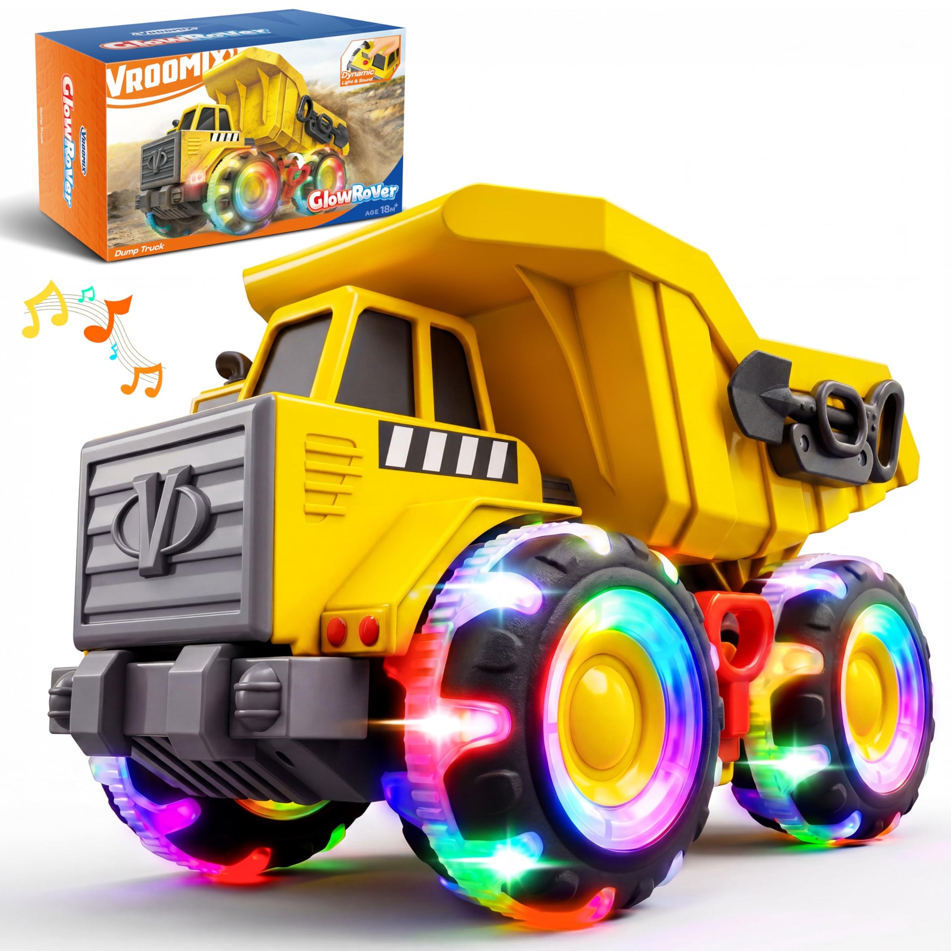 Vroomix JOVA Dump Truck for Toddlers, Construction Toys with Realistic Sounds, LED Light up Wheels, Heavy-Duty Plastic Indoor & Outdoor Beach and Sand