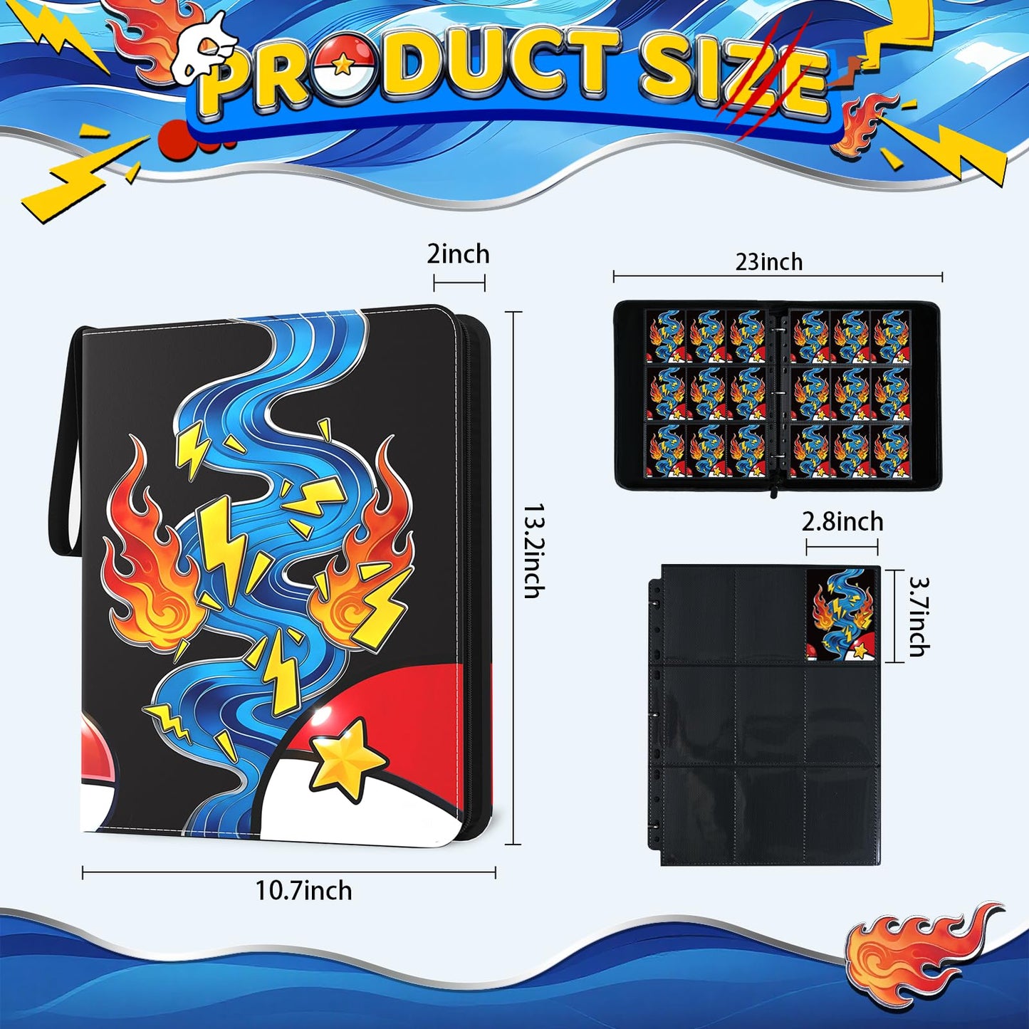 Trading Card Binder, 9 Pocket 900-Pocket with 50 Removable Binder Sleeves, 3-Ring Zipper Waterproof Card Collection Binder, Trading Card Holder for