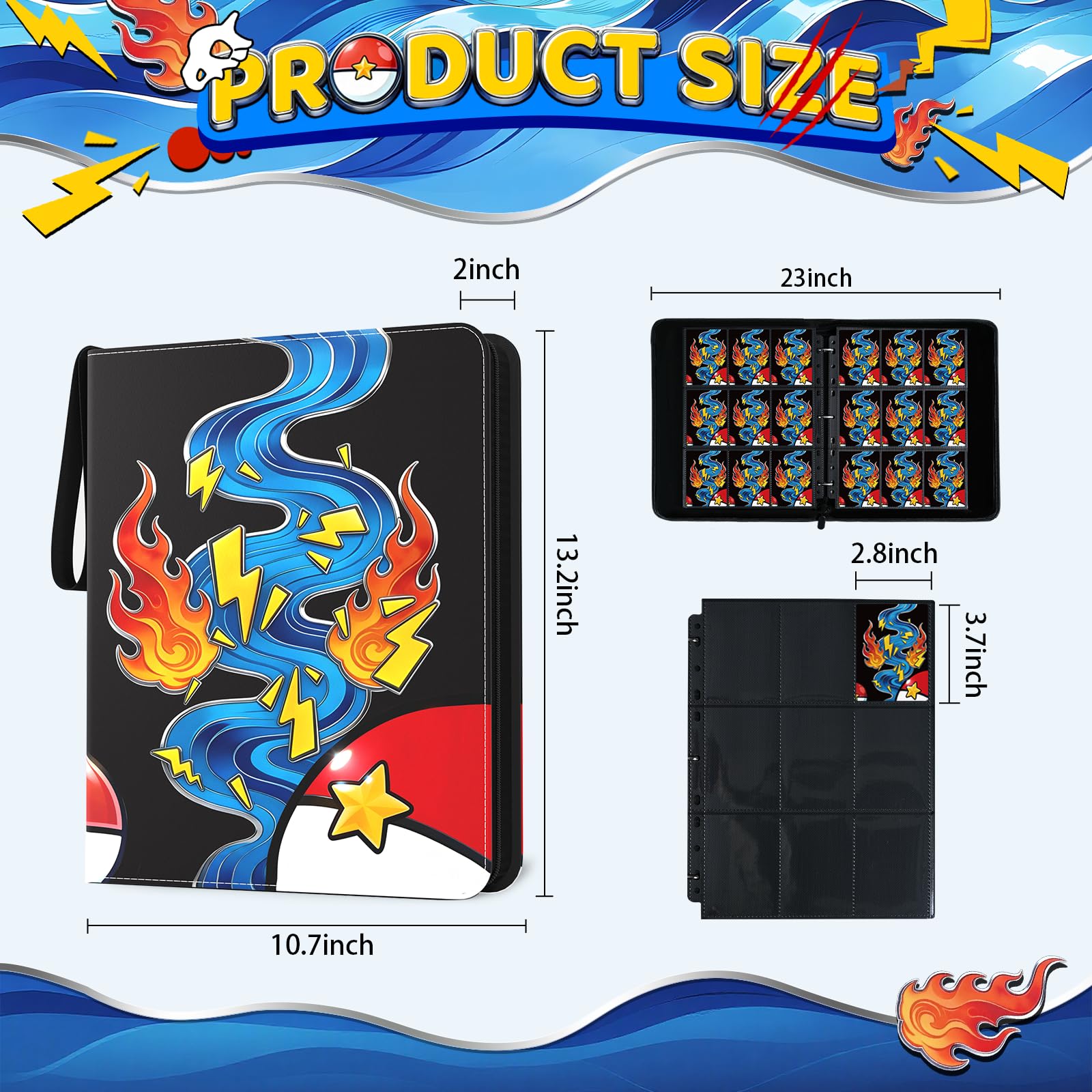 Trading Card Binder, 9 Pocket 900-Pocket with 50 Removable Binder Sleeves, 3-Ring Zipper Waterproof Card Collection Binder, Trading Card Holder for