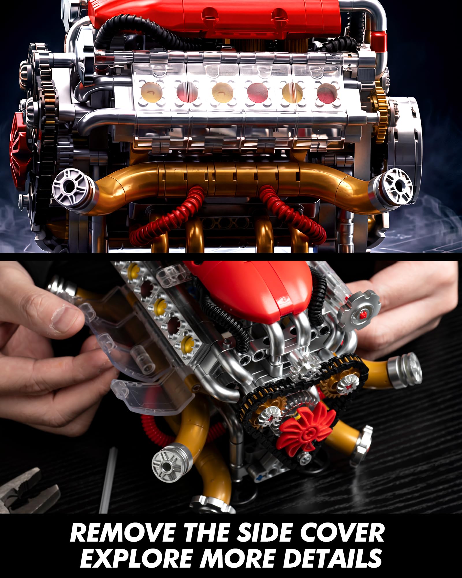 JSINMA V12 Engine Model Kit that Runs, Motorized Mechanical Building Set for Adults with Visible Moving Pistons, Transparent Side Cover, Desk Display