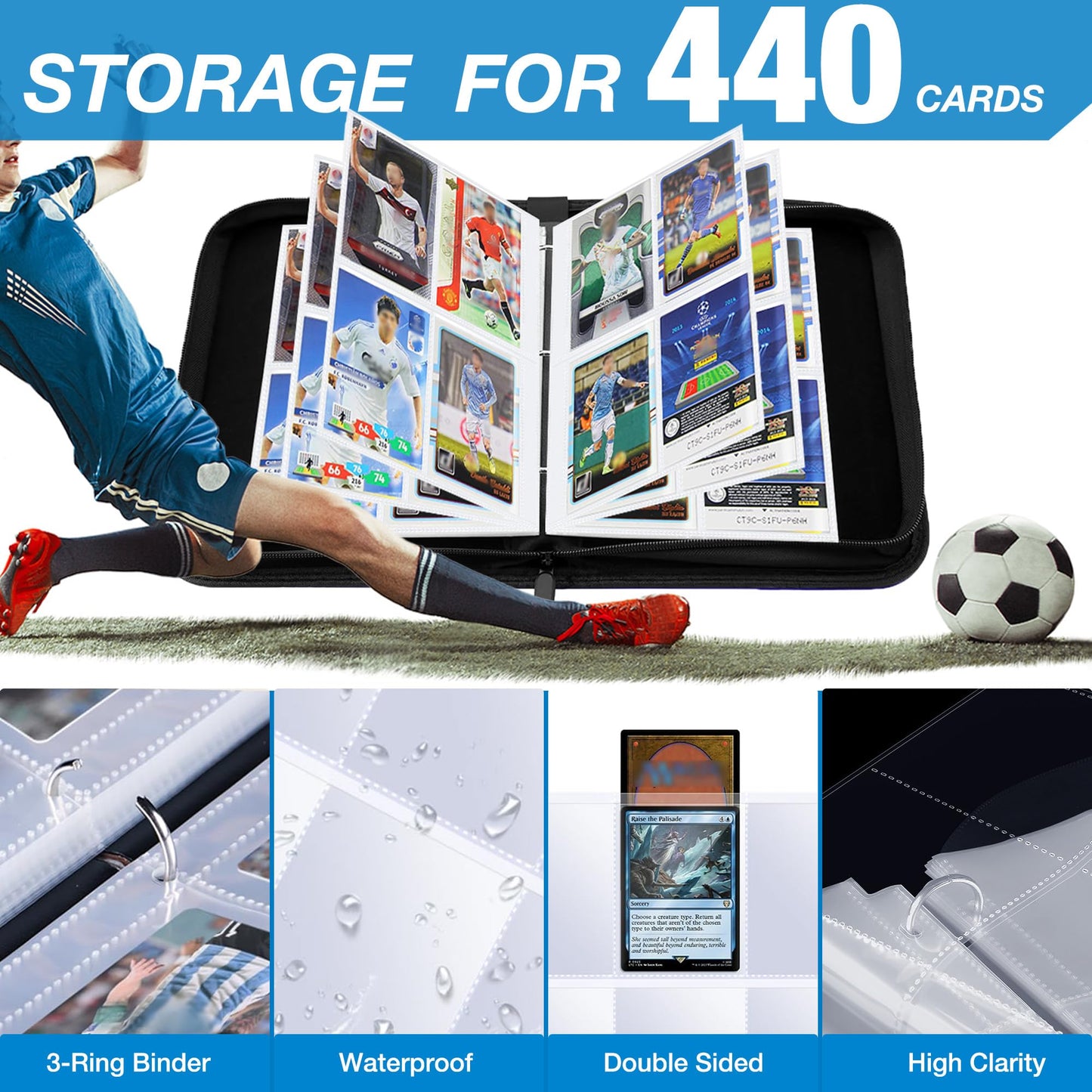 Lalasu Soccer Card Binder, 2025-2026 Soccer Trading Cards Binder with Wristband, 440 Double Sided Pockets Sleeves PU Card Albums Fit for Sports Cards