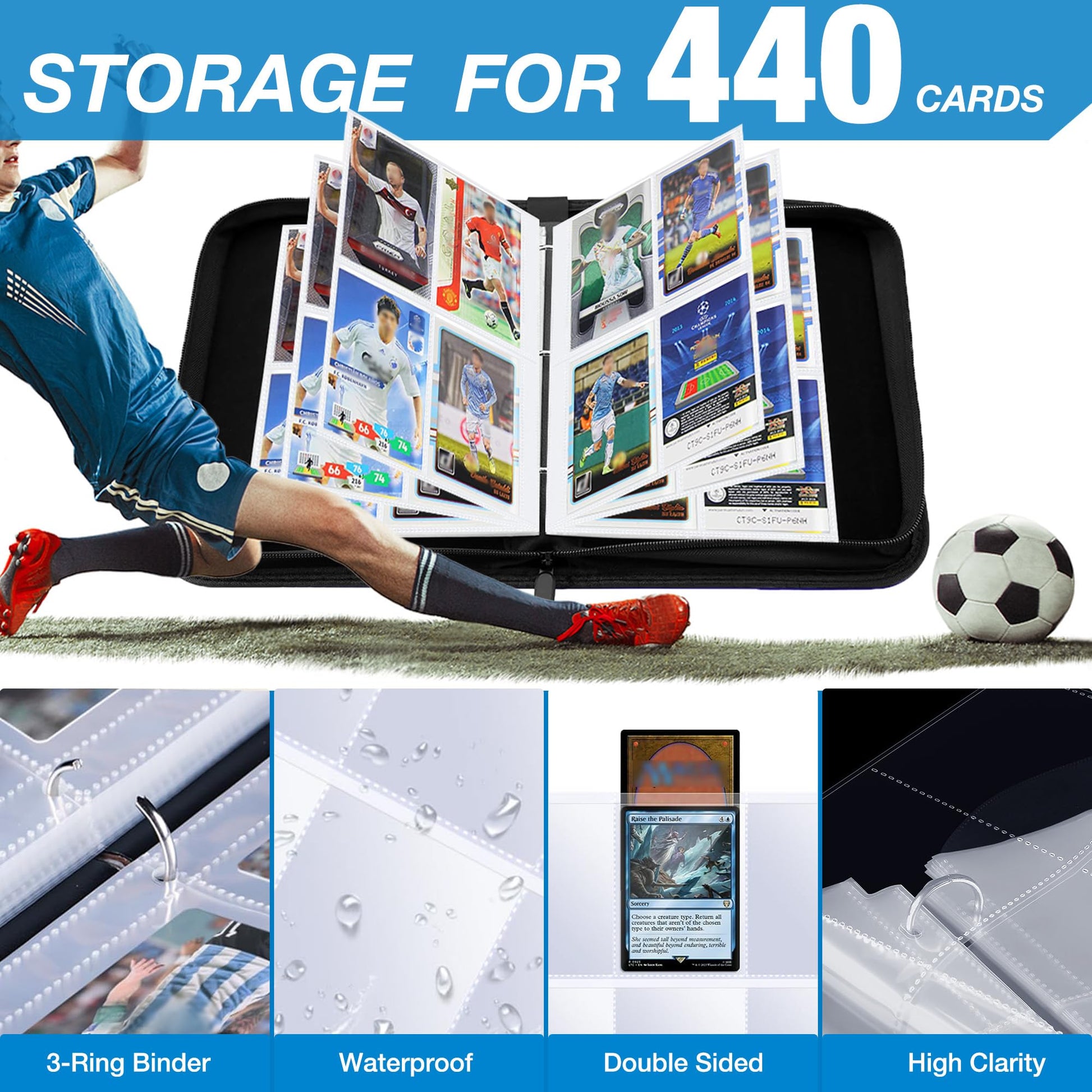 Lalasu Soccer Card Binder, 2025-2026 Soccer Trading Cards Binder with Wristband, 440 Double Sided Pockets Sleeves PU Card Albums Fit for Sports Cards