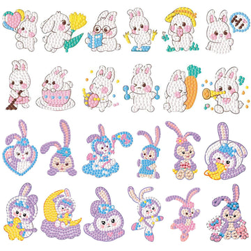 FLYSONG Diamond Art Kits for Kids,DIY Cute Bunny 24 Pcs Creative Diamond Art Stickers - Gem Craft Mosaic Painting Stickers by Number Kits (Cute Bunny)