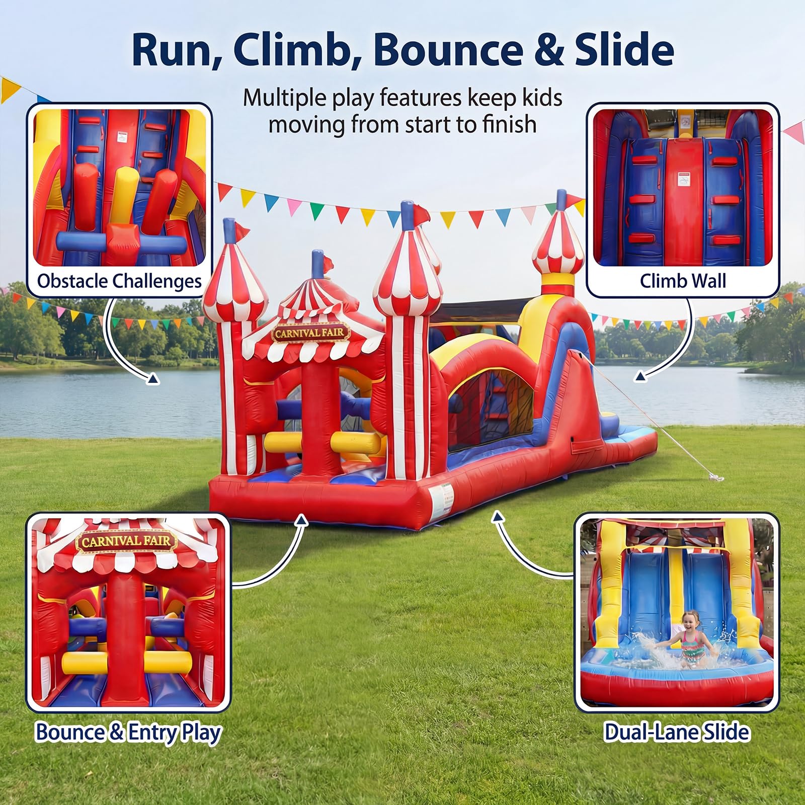 Wonder Dome Kids Backyard 28FT Carnival Theme Obstacle Course Water Slide