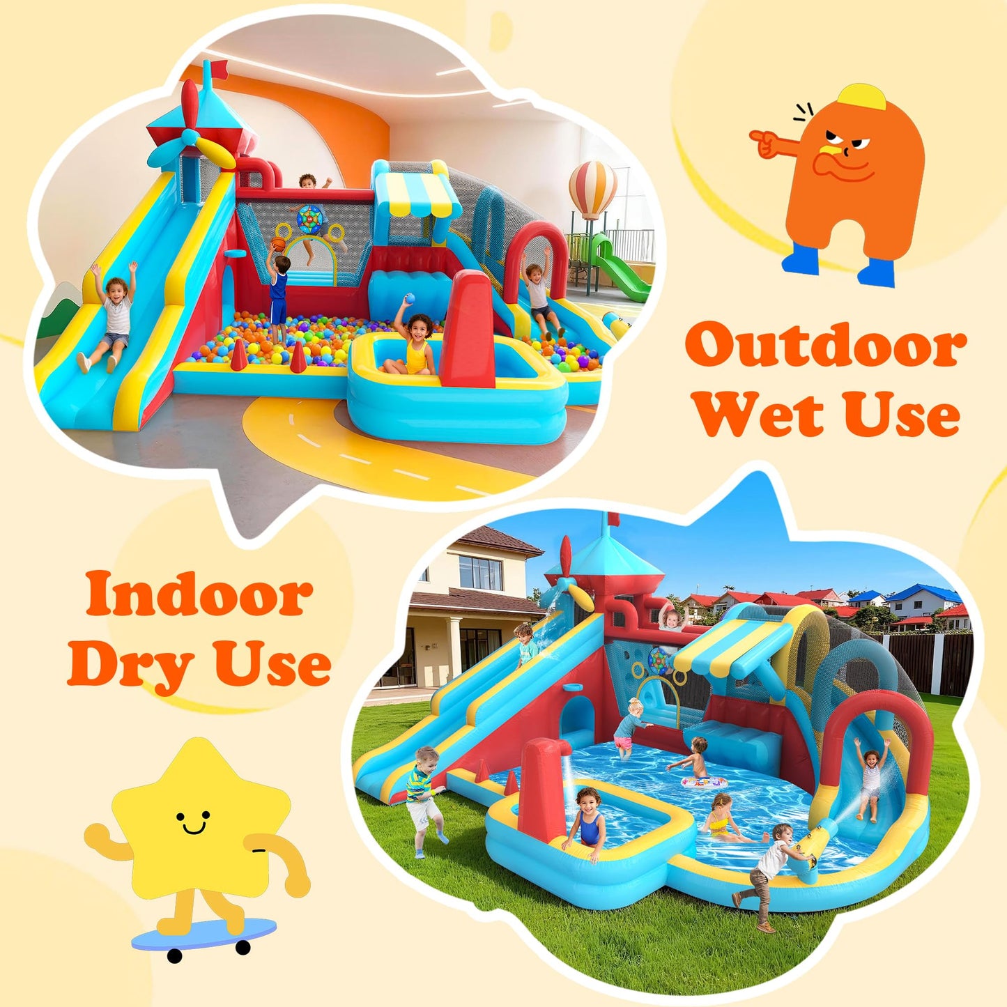 Inflatable Bounce House with 750W Blower, 10 in 1 Double Water Slide Bouncy Castle for Kids 3-10, Splash Pool, Water Gun, Climbing Wall, Toy Stand