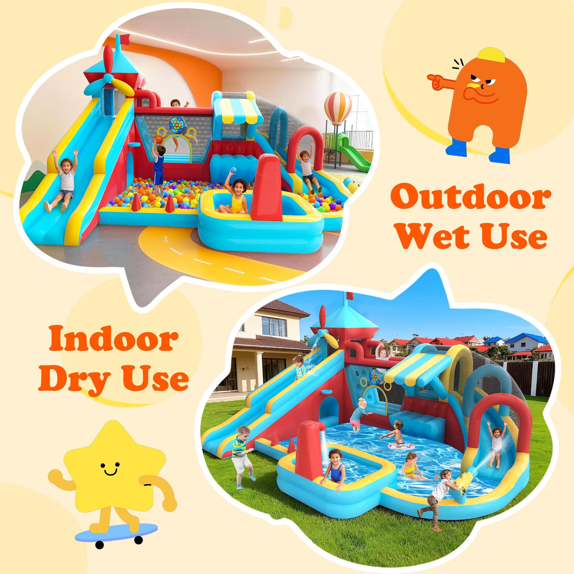Inflatable Bounce House with 750W Blower, 10 in 1 Double Water Slide Bouncy Castle for Kids 3-10, Splash Pool, Water Gun, Climbing Wall, Toy Stand