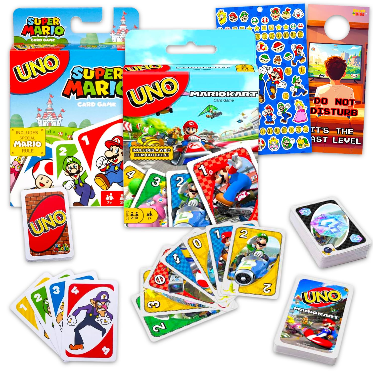 Ultimate Super Mario UNO Cards Set - Bundle with 2 Decks of Video Game UNO Cards for Kids Plus Stickers, More | Super Mario Bros Activities for Kids