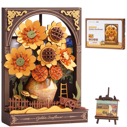 ROBOTIME Wooden Flower Golden Sunflower Building Sets for Adult with Lights TH002, Van Gogh Wall Art Crafts, Painting Frame Room Decor, Valentine's