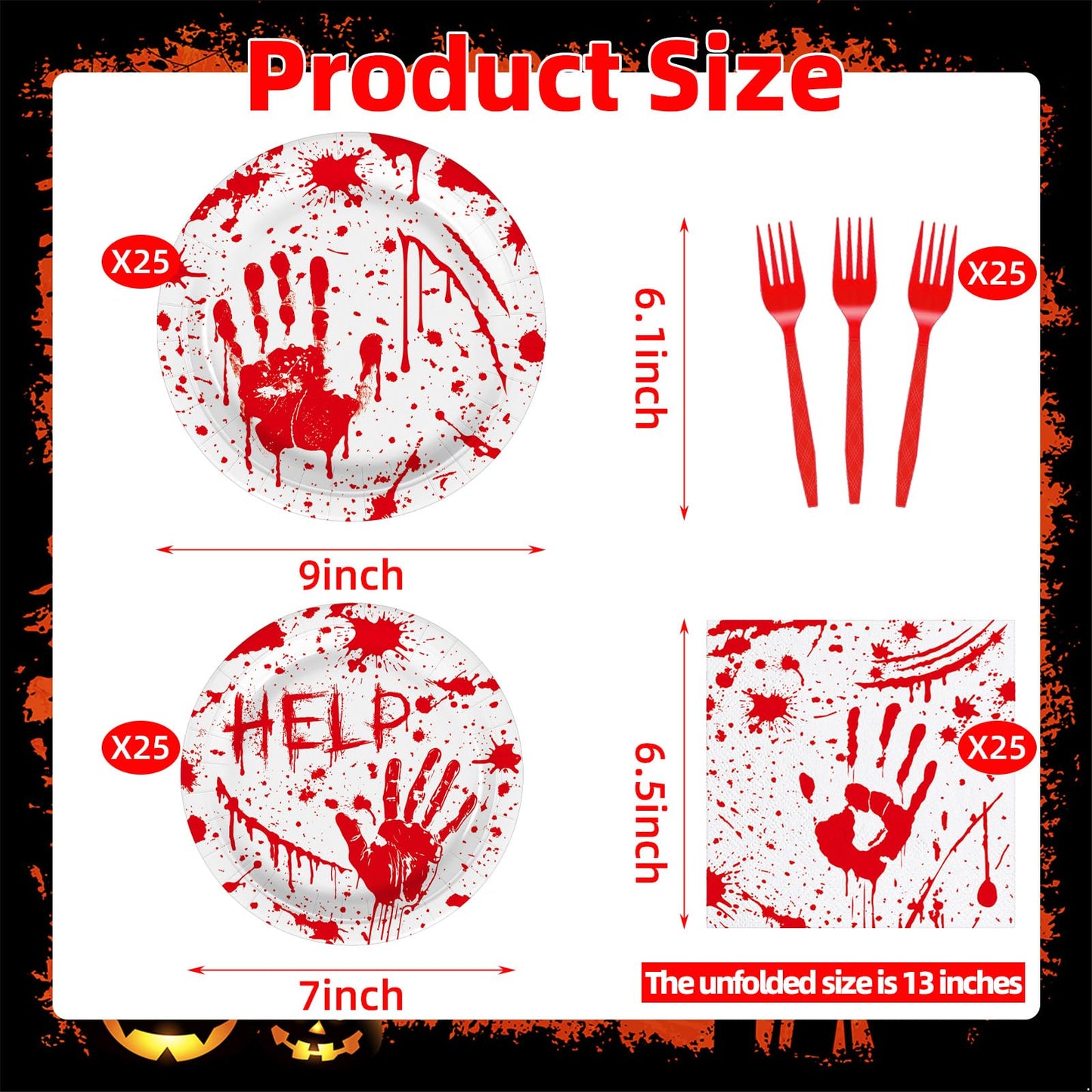 100 Pieces Halloween Bloody Handprint Tableware Set, Blood Splatter Plates, Napkins, and Red Plastic Forks for Halloween, Horror Birthday, Zombie