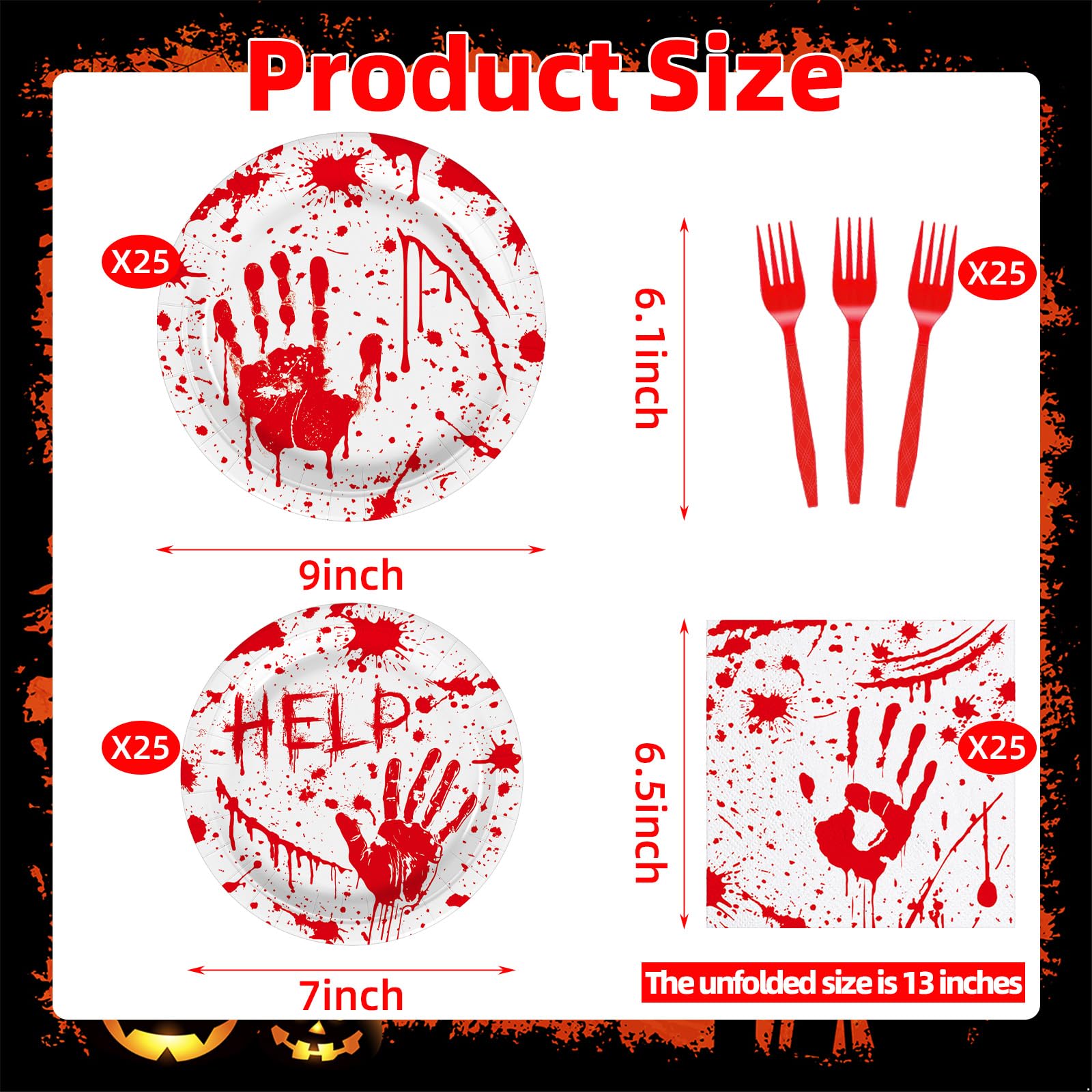 100 Pieces Halloween Bloody Handprint Tableware Set, Blood Splatter Plates, Napkins, and Red Plastic Forks for Halloween, Horror Birthday, Zombie