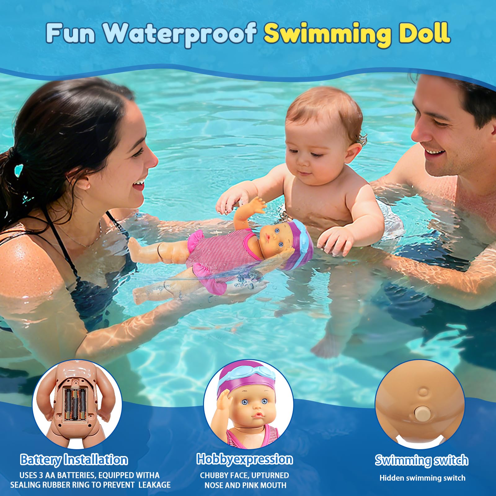 Waterproof Electric Swimming Doll for Pool and Bath, Interactive Swimmer Doll with Lifelike Backstroke, Fun Bath Toy for Toddlers, Excellent Summer