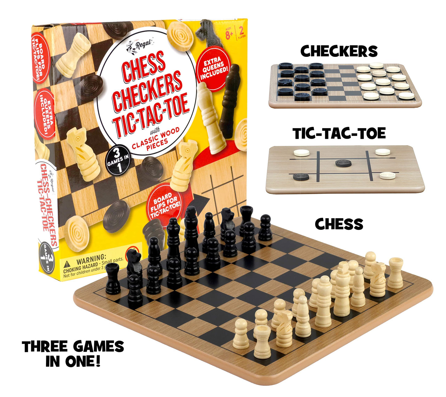 Regal Games - Reversible Wooden Board for Chess, Checkers & Tic-Tac-Toe - 24 Interlocking Wooden Checkers and 32 Standard Chess Pieces - for Age 8