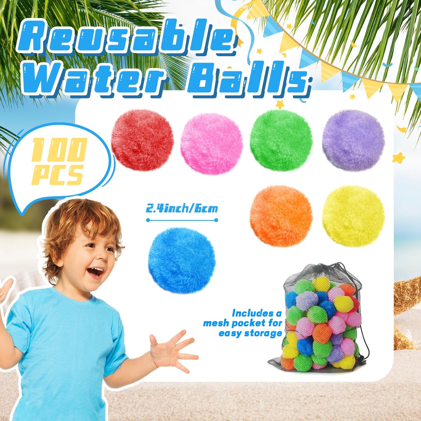 Jnnzzggu 100PCS Reusable Water Balls,Outdoor Water Balloons for Kids,Water Games Toys Sponge Soaker Ball for Boys,Girls,Summer Backyard,Pool Party,Fun
