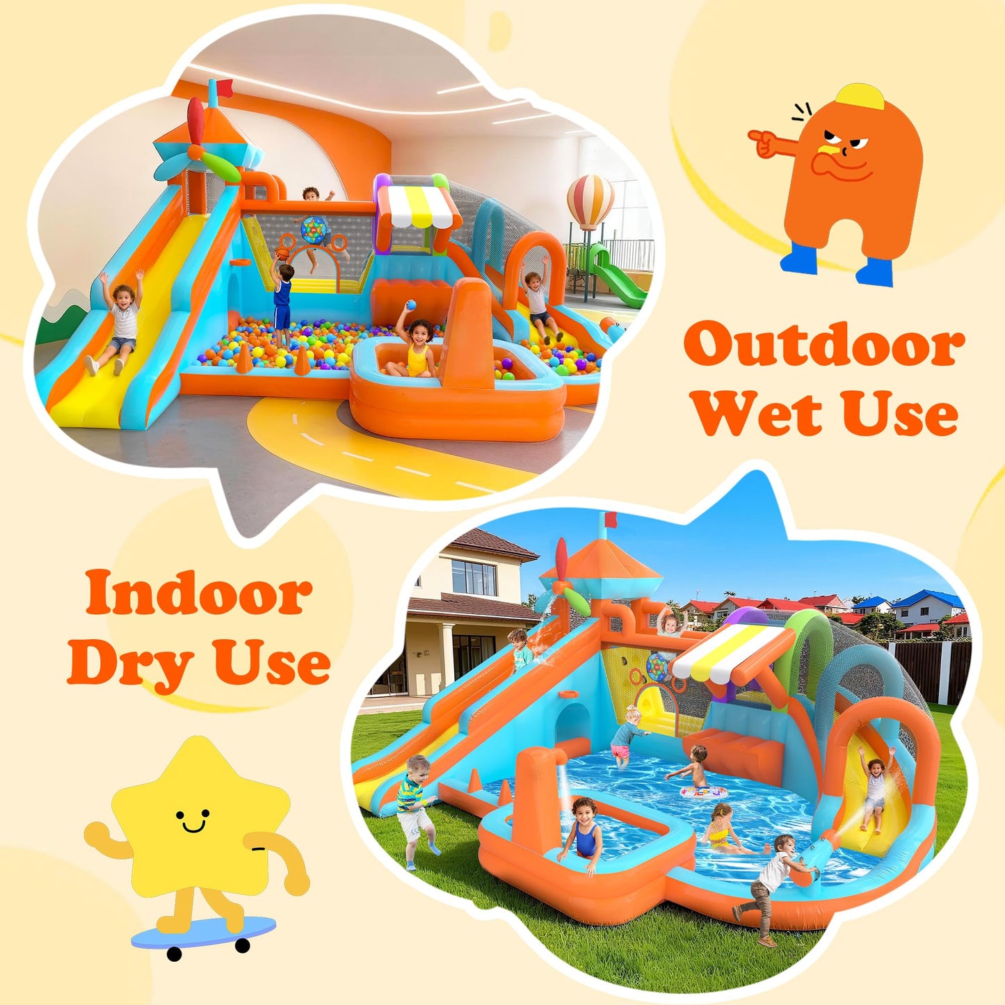 Inflatable Bounce House with Double Slide, 10 in 1 Large Bounce Castle with 750W Blower, Water Slide, Jumping, Splash Pool, Climbing Wall, Toy Stand