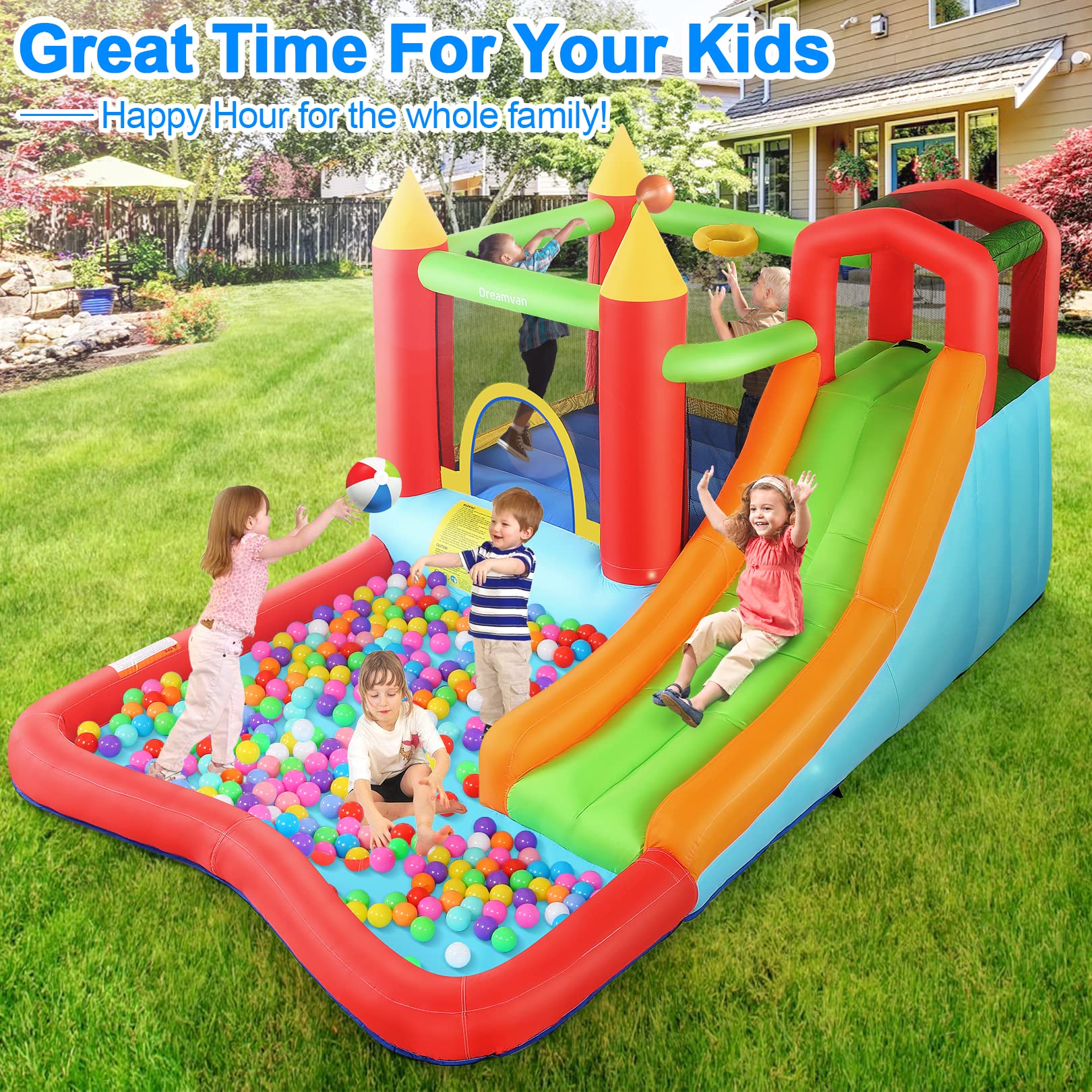 HYPOAI Bounce House,Inflatable Bounce Castle with Blower for Kids 3-12,Outdoor/Indoor Bouncy House Water Park for Backyard with Splash Slide,Climbing