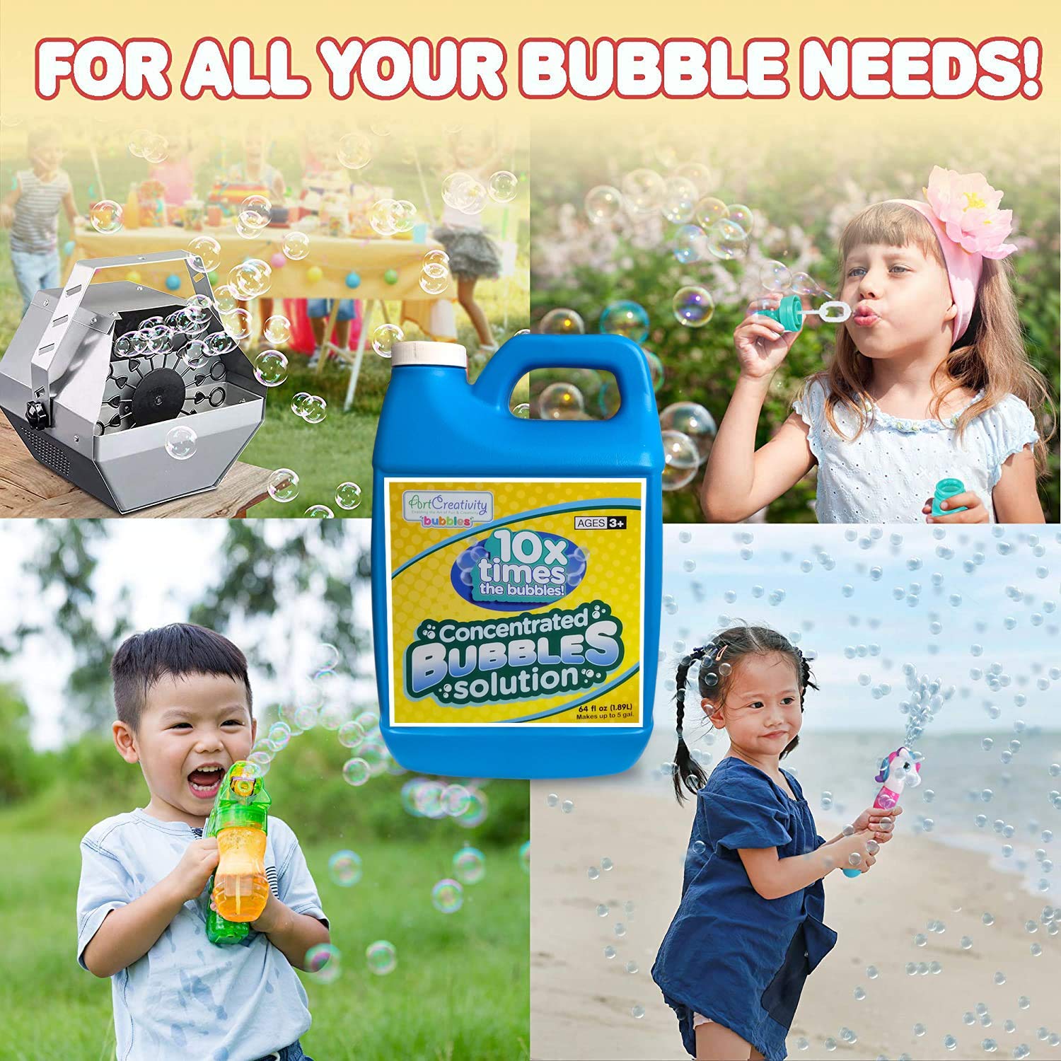 ArtCreativity Concentrated Bubble Solution Refill for Bubble Toys, Huge 64oz Concentrated Liquid, Makes Up to 5 Gallon, Non-Toxic Liquid for Bubble