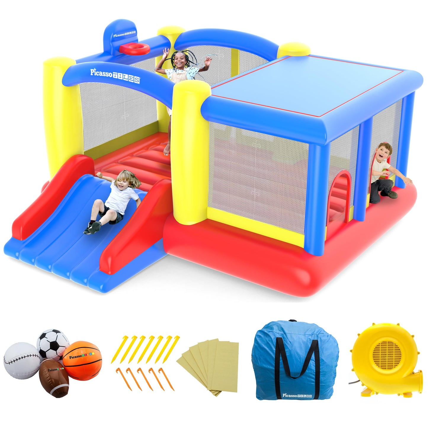 [Upgrade Version] PicassoTiles KC102 12x10 Foot Inflatable Bouncer Jumping Bouncing House, Jump Slide, Dunk Playhouse w/Basketball Rim, 4 Sports