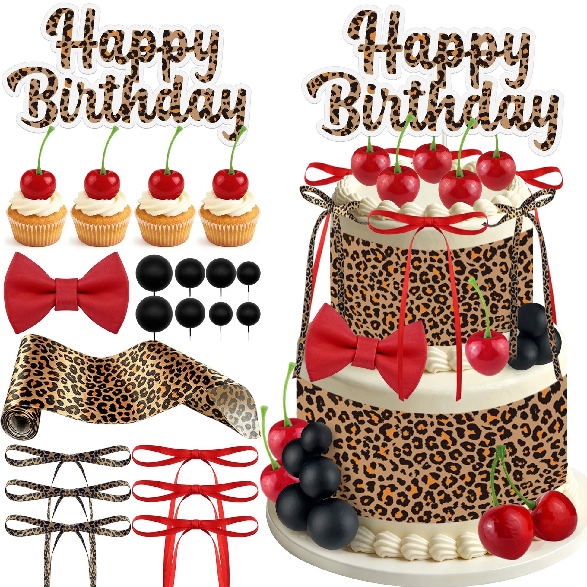 41PCS Leopard Cherry Cake Decorations Bow Toppers for Birthday Wedding and Baby Shower Cherries Fruit Decor for Birthday Party Decorations