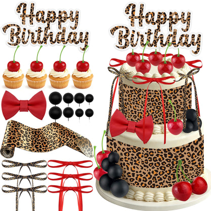 41PCS Leopard Cherry Cake Decorations Bow Toppers for Birthday Wedding and Baby Shower Cherries Fruit Decor for Birthday Party Decorations