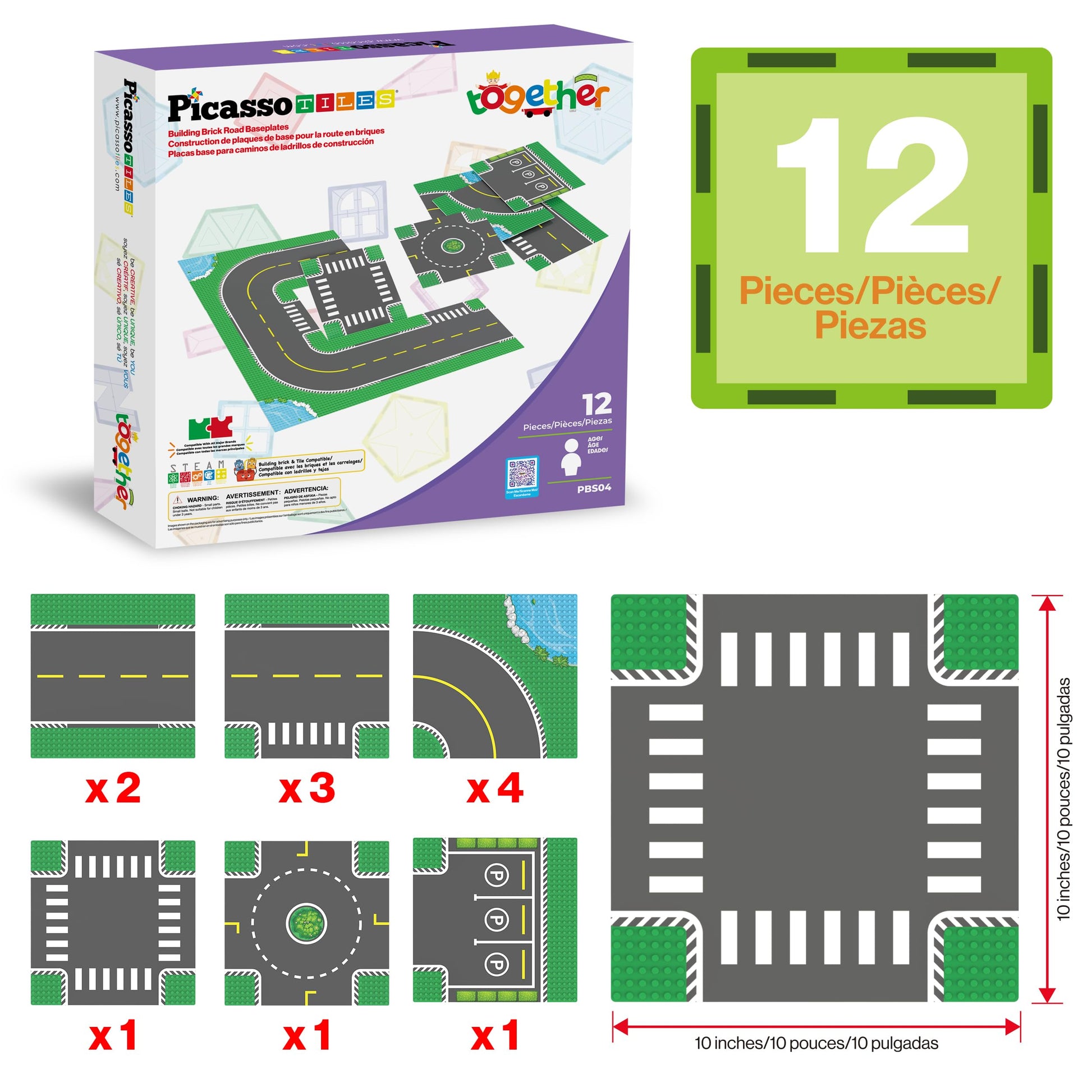 PicassoTiles Building Brick 10"x10" Large Road Baseplates City Street Traffic Parking Themed Roadway Foundation Plates Block STEM Construction Set