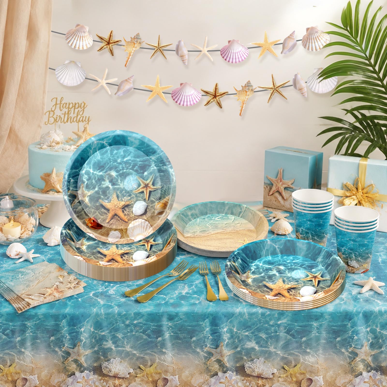Ocean Beach Party Supplies Tableware with Seashell Paper Plates Napkins Cups Tablecloth Banner for Beach Themed Party Decorations, Serves 24